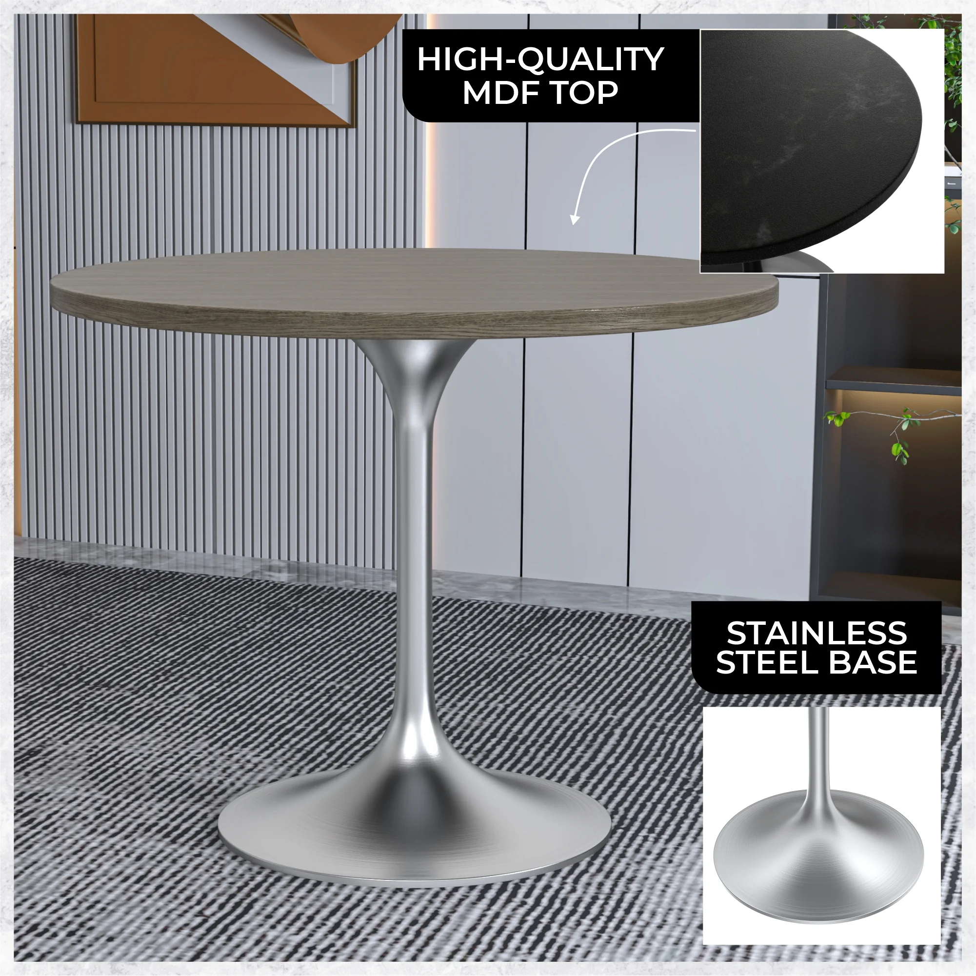 Verve Collection 36" Round Dining Table, Brushed Chrome Base with Dark Maple MDF Top