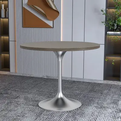 Verve Collection 36" Round Dining Table, Brushed Chrome Base with Dark Maple MDF Top