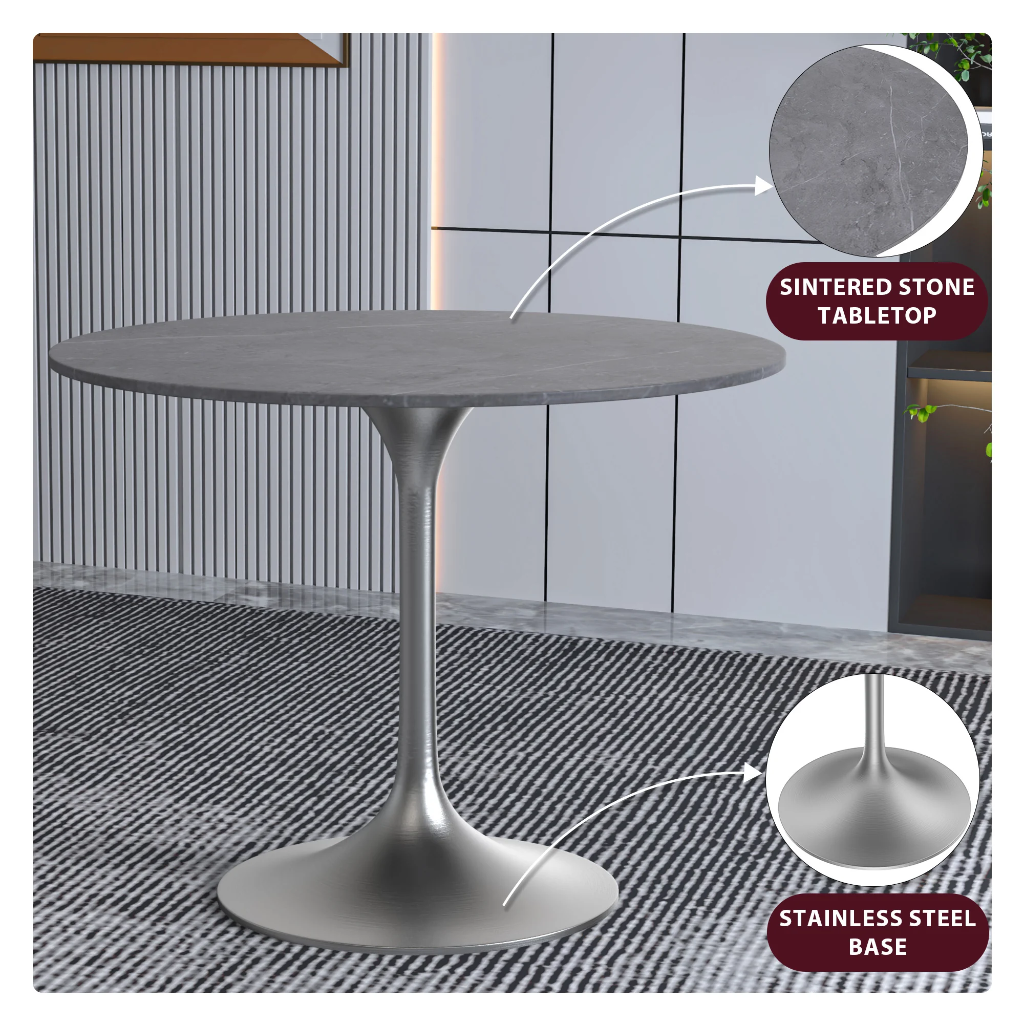 Verve Collection 36" Round Dining Table, Brushed Chrome Base with Sintered Stone Grey Top