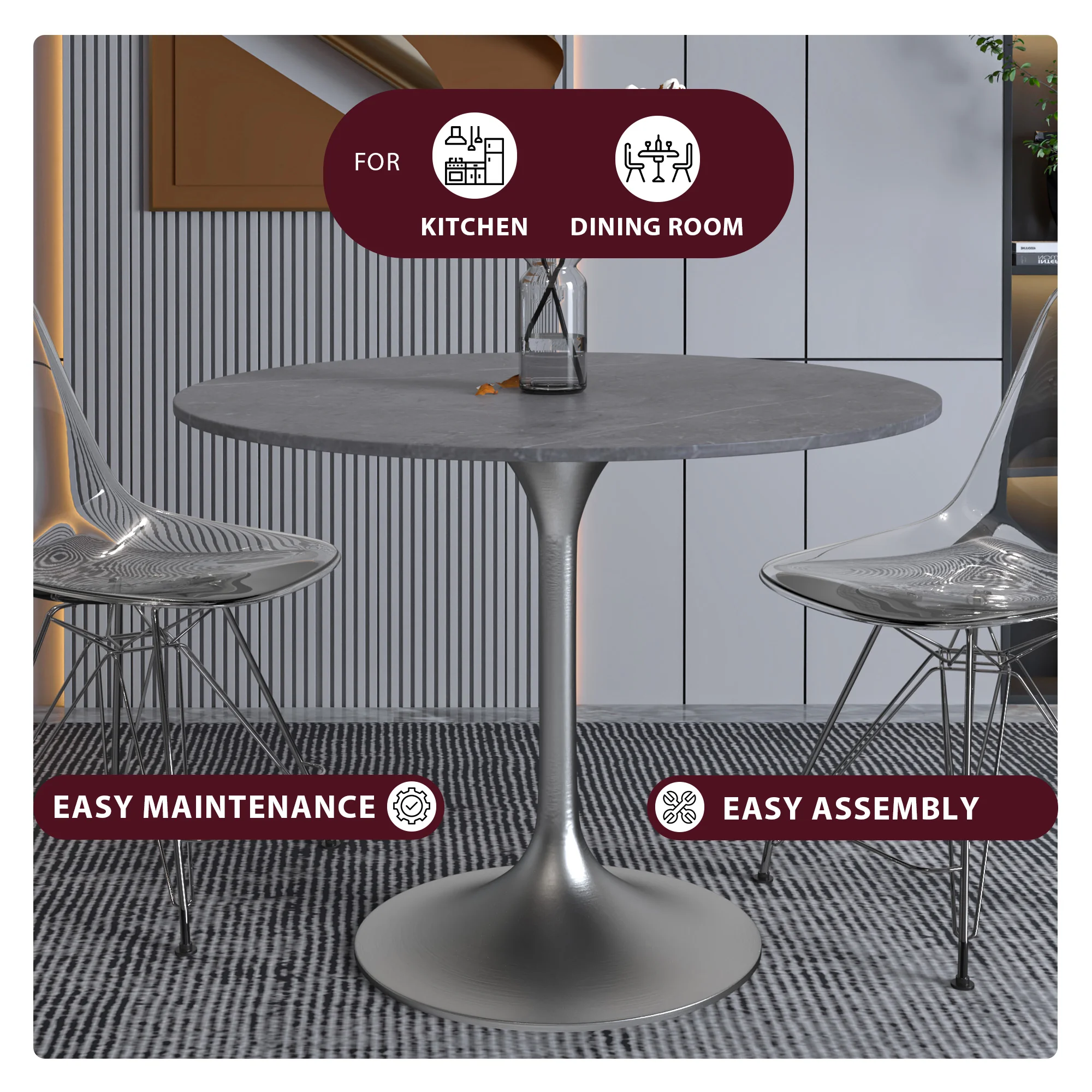 Verve Collection 36" Round Dining Table, Brushed Chrome Base with Sintered Stone Grey Top