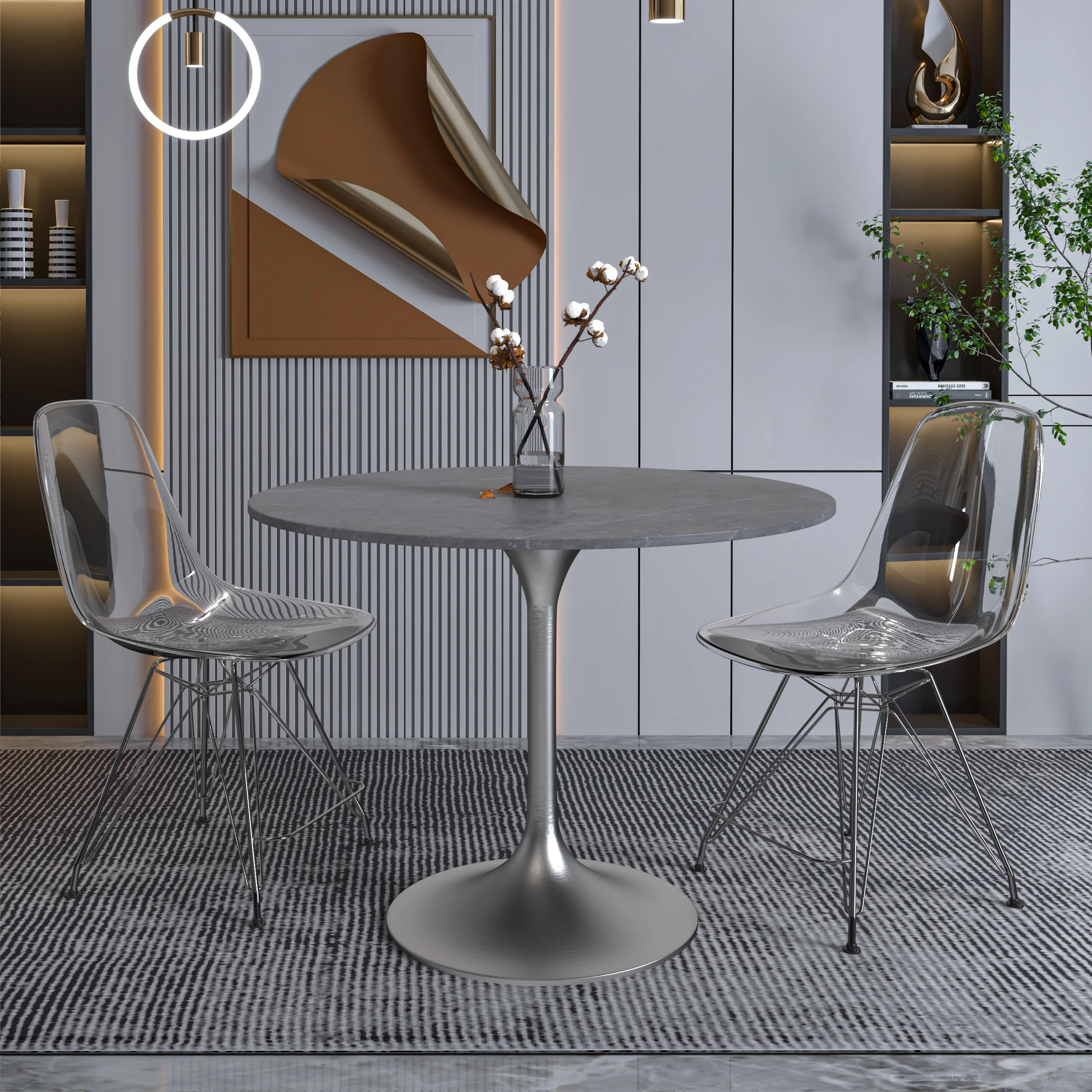Verve Collection 36" Round Dining Table, Brushed Chrome Base with Sintered Stone Grey Top