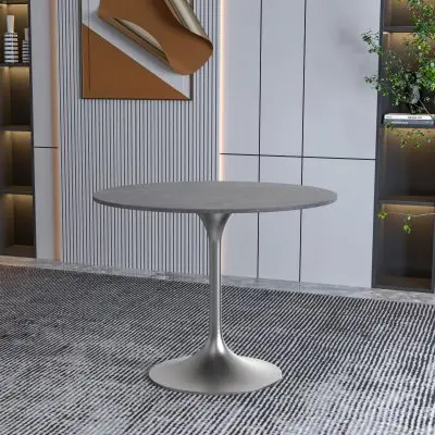 Verve Collection 36" Round Dining Table, Brushed Chrome Base with Sintered Stone Grey Top