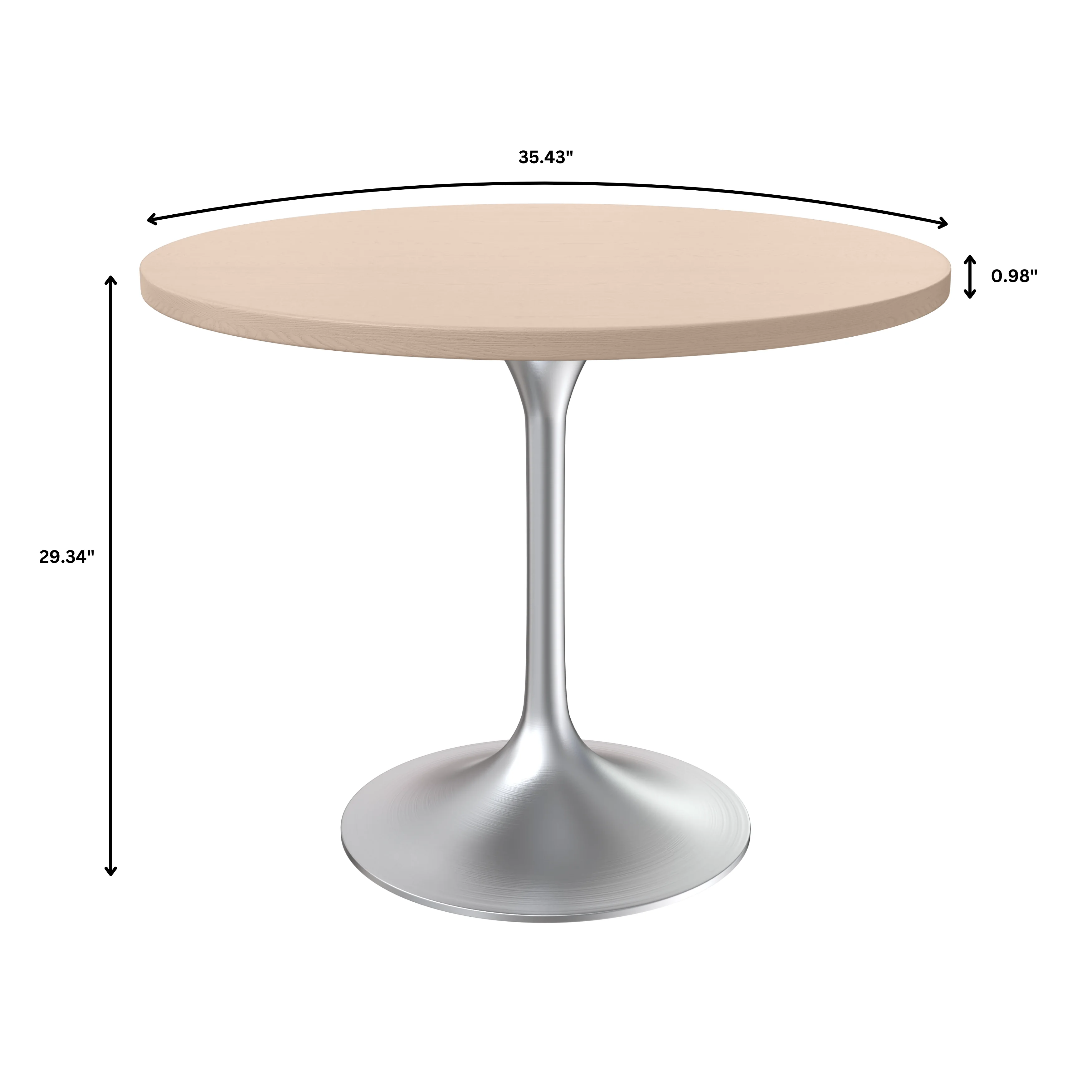 Verve Collection 36" Round Dining Table, Brushed Chrome Base with Light Natural Wood MDF Top