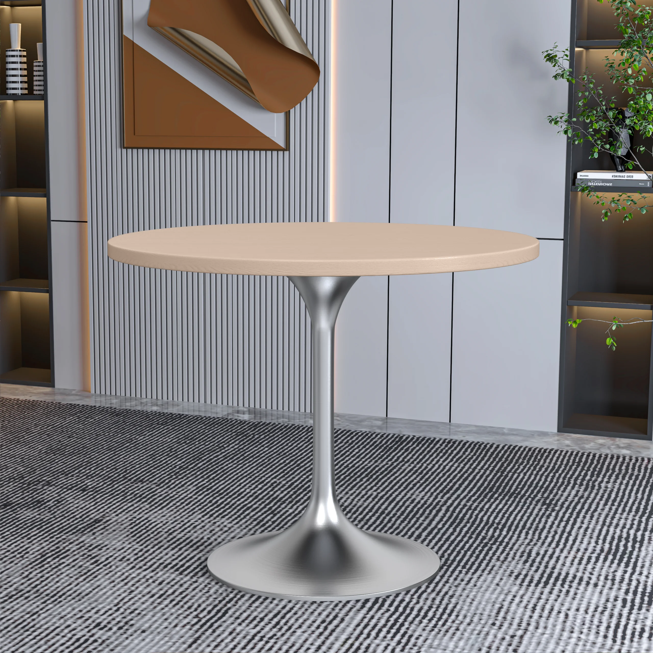 Verve Collection 36" Round Dining Table, Brushed Chrome Base with Light Natural Wood MDF Top