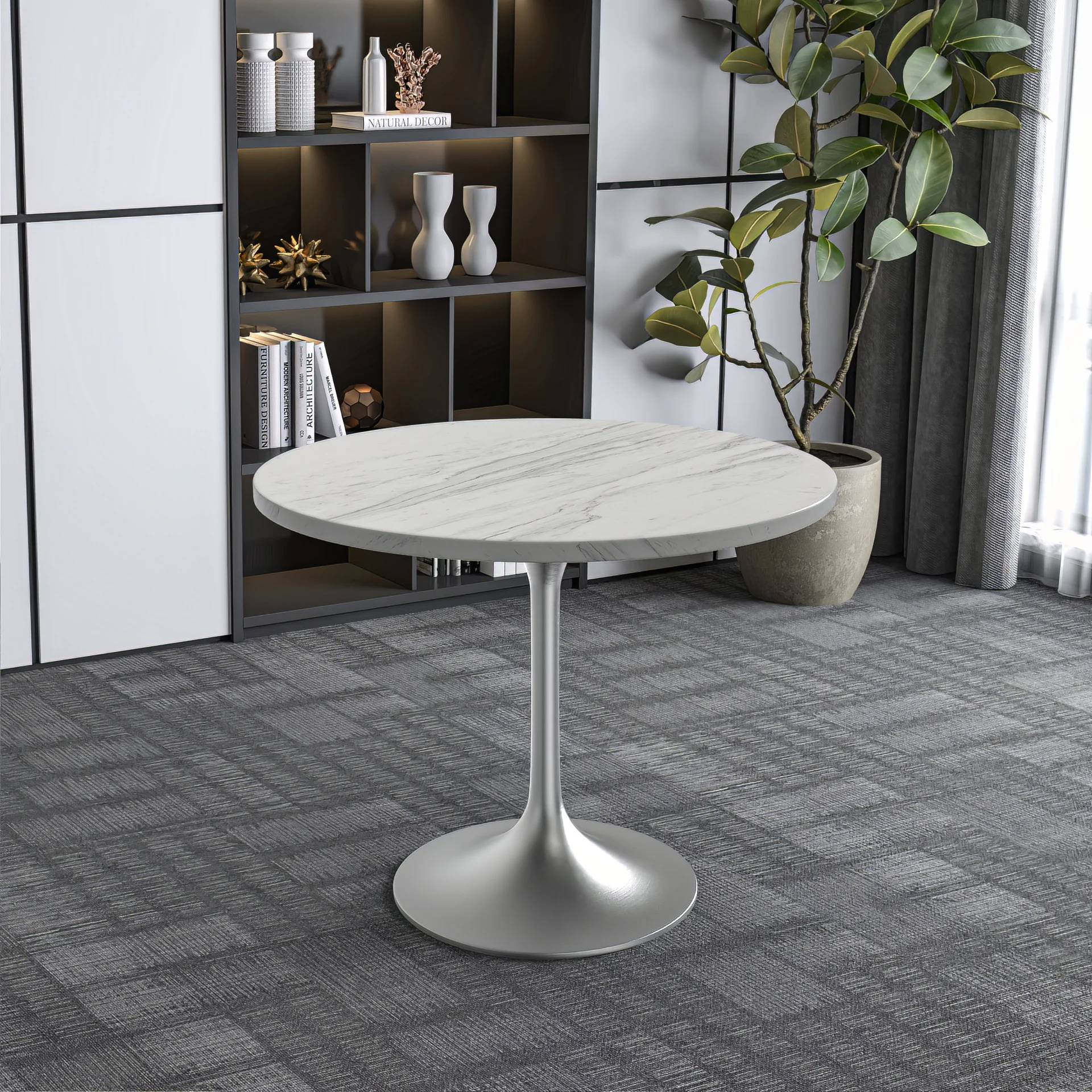 Verve Collection 36 Round Dining Table, Brushed Gold Base with Laminated White Marbleized Top