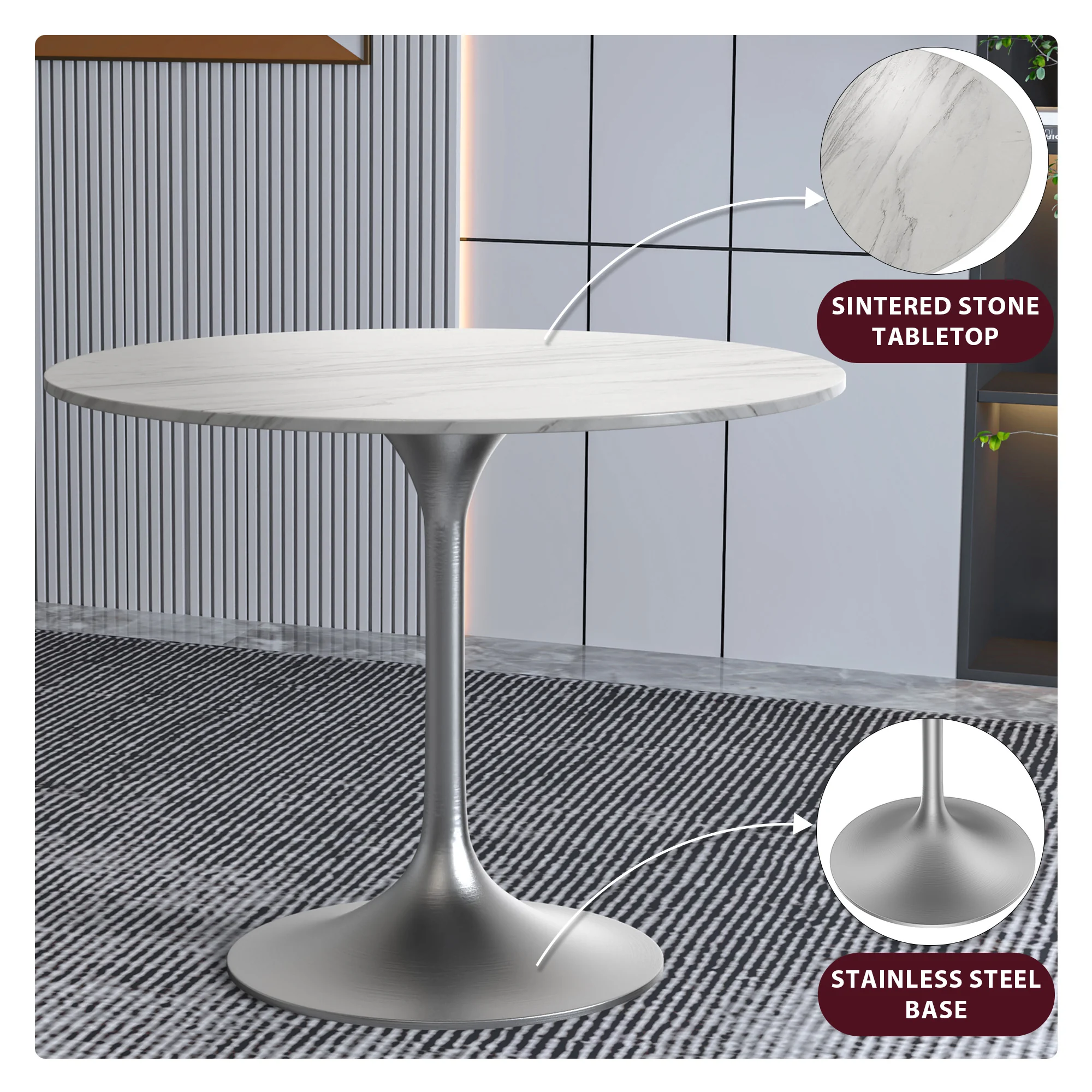 Verve Collection 36" Round Dining Table, Brushed Chrome Base with Sintered Stone White Top