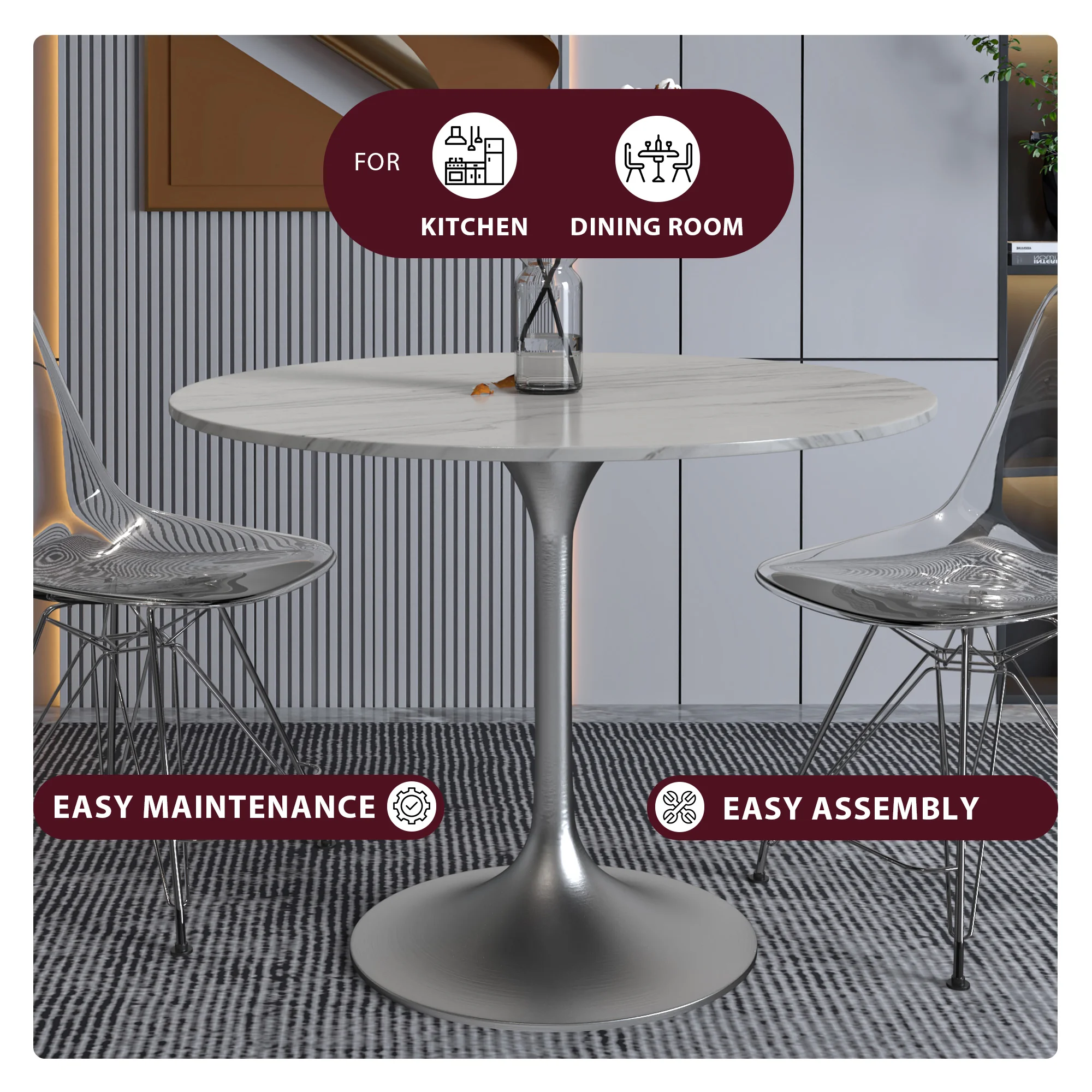 Verve Collection 36" Round Dining Table, Brushed Chrome Base with Sintered Stone White Top