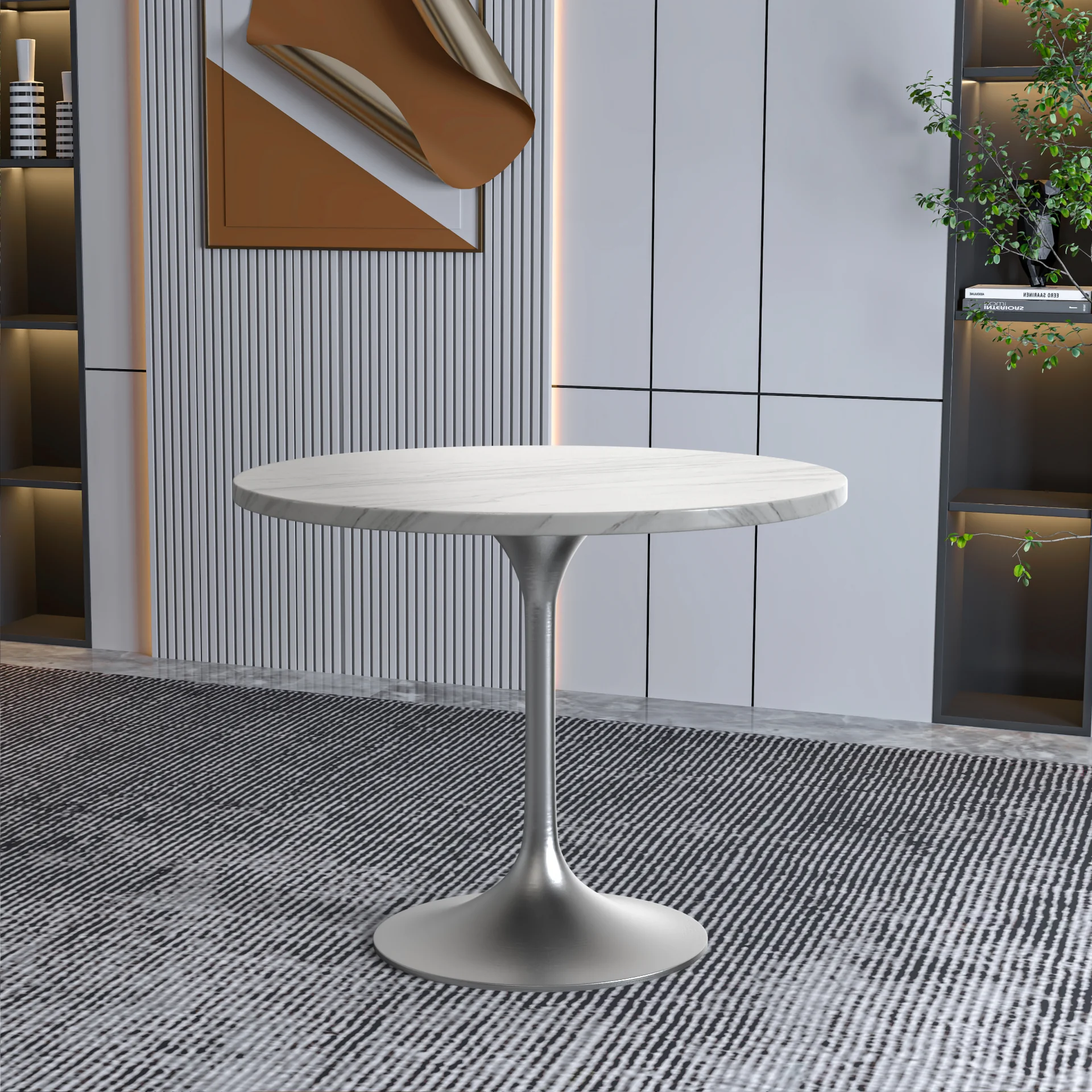 Verve Collection 36" Round Dining Table, Brushed Chrome Base with Sintered Stone White Top