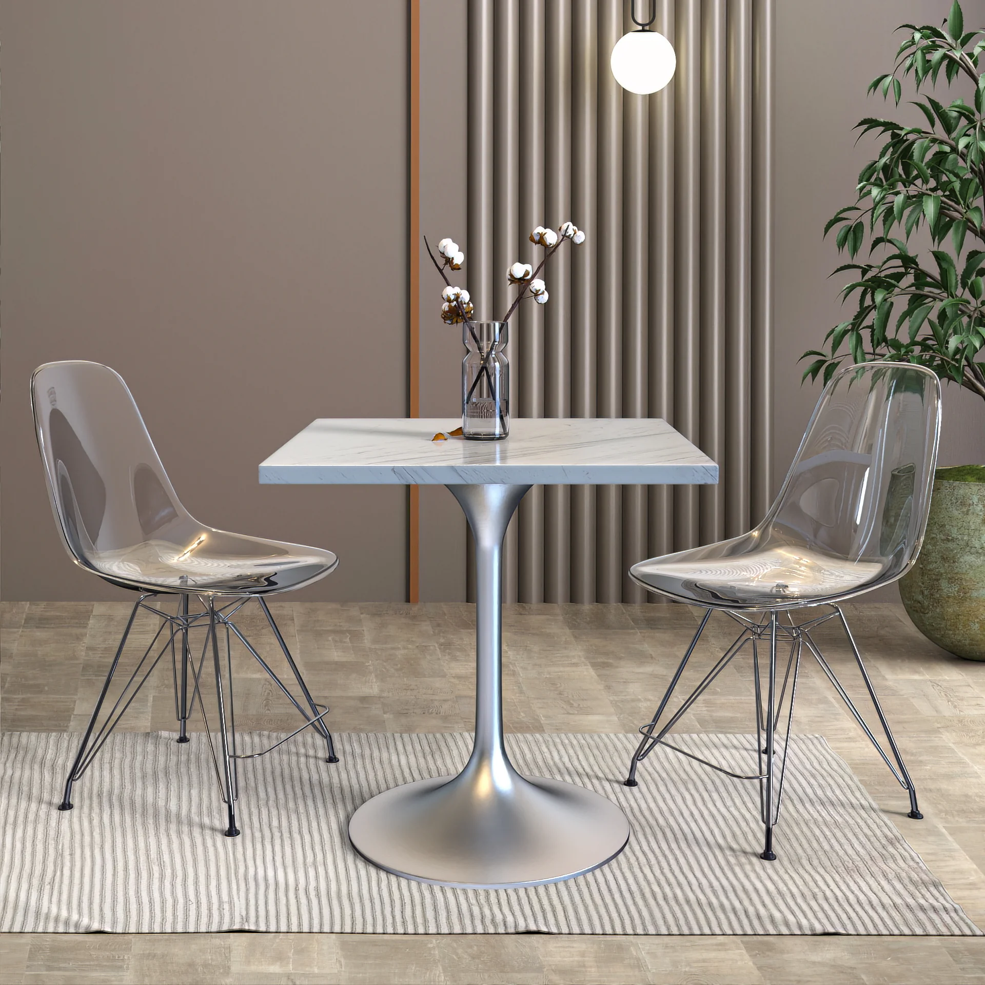 Verve Collection 27 Square Dining Table, Brushed Base with Laminated White Marbleized Top
