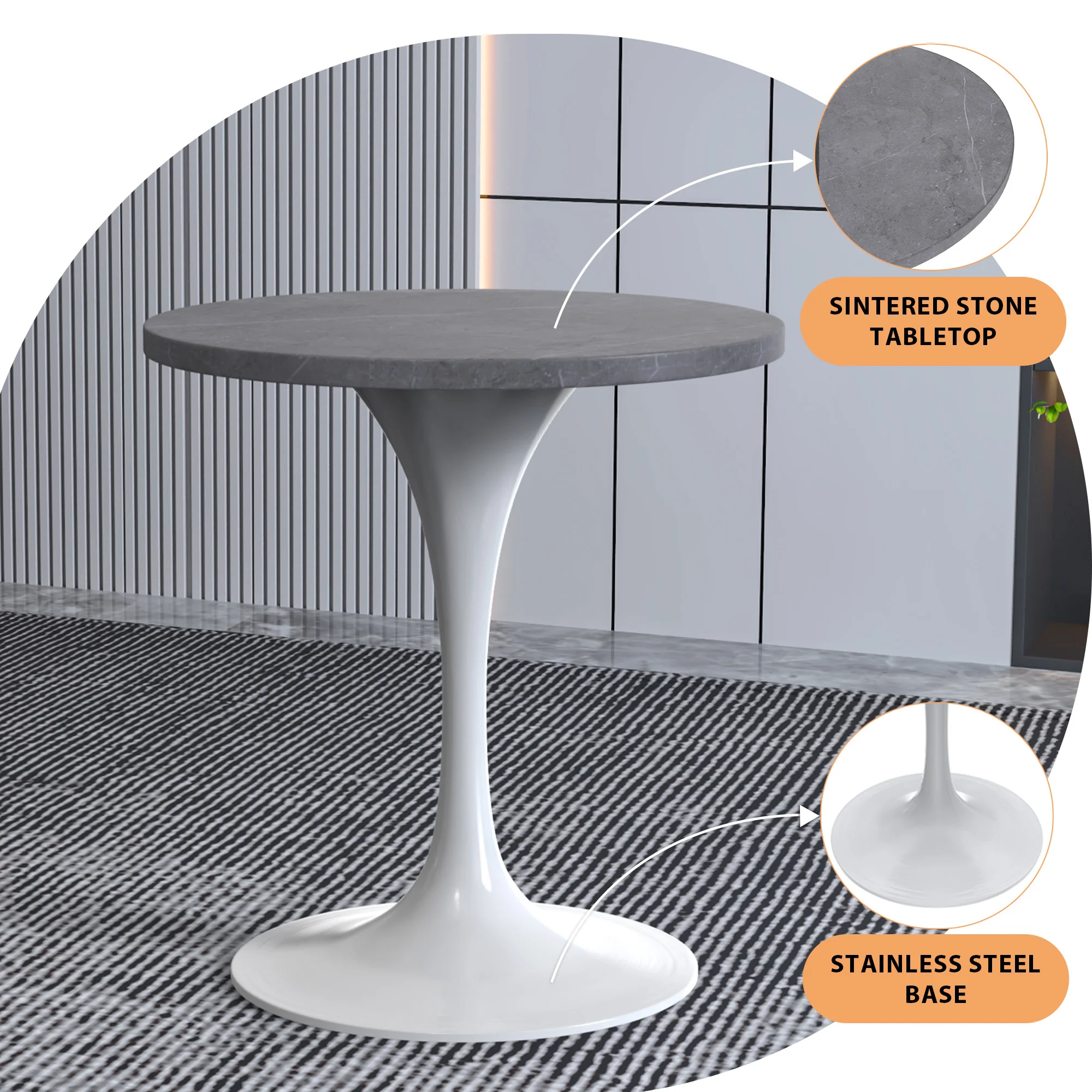 Verve Collection 27 Round Dining Table, White Base with Sintered Stone Grey Top