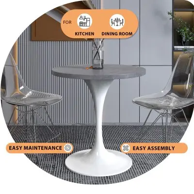 Verve Collection 27 Round Dining Table, White Base with Sintered Stone Grey Top