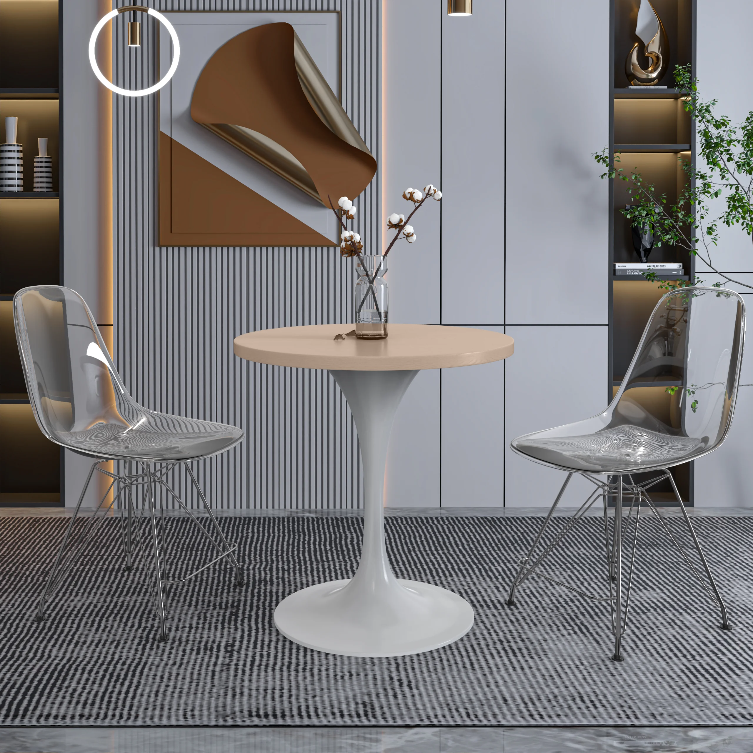 Verve Collection 27 Round Dining Table, White Base with Light Natural Wood MDF Top