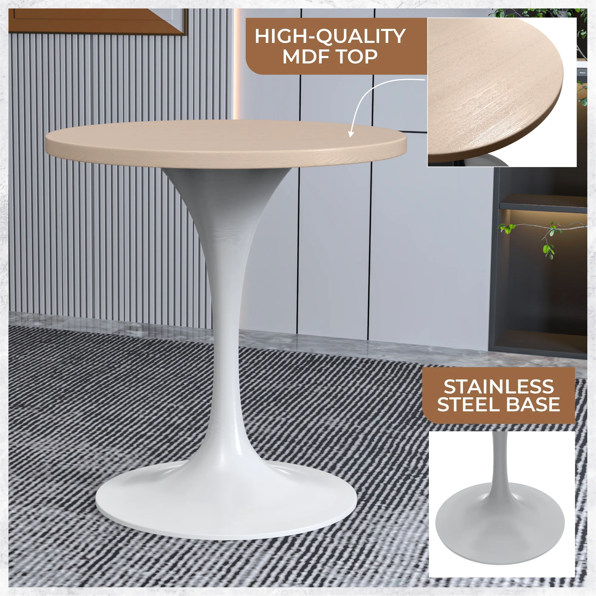 Verve Collection 27 Round Dining Table, White Base with Light Natural Wood MDF Top