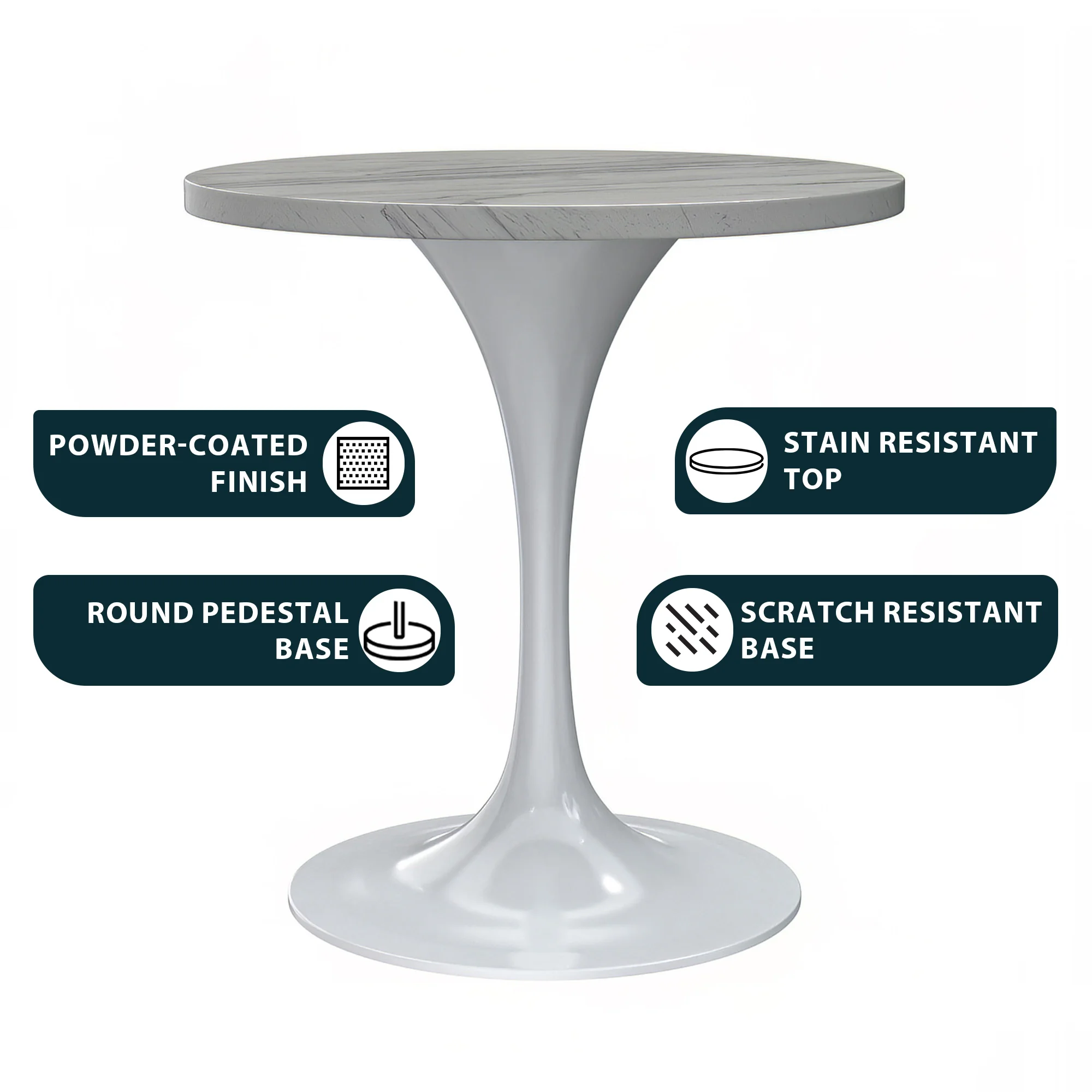 Verve Collection 27 Round Dining Table, White Base with Laminated White Marbleized Top