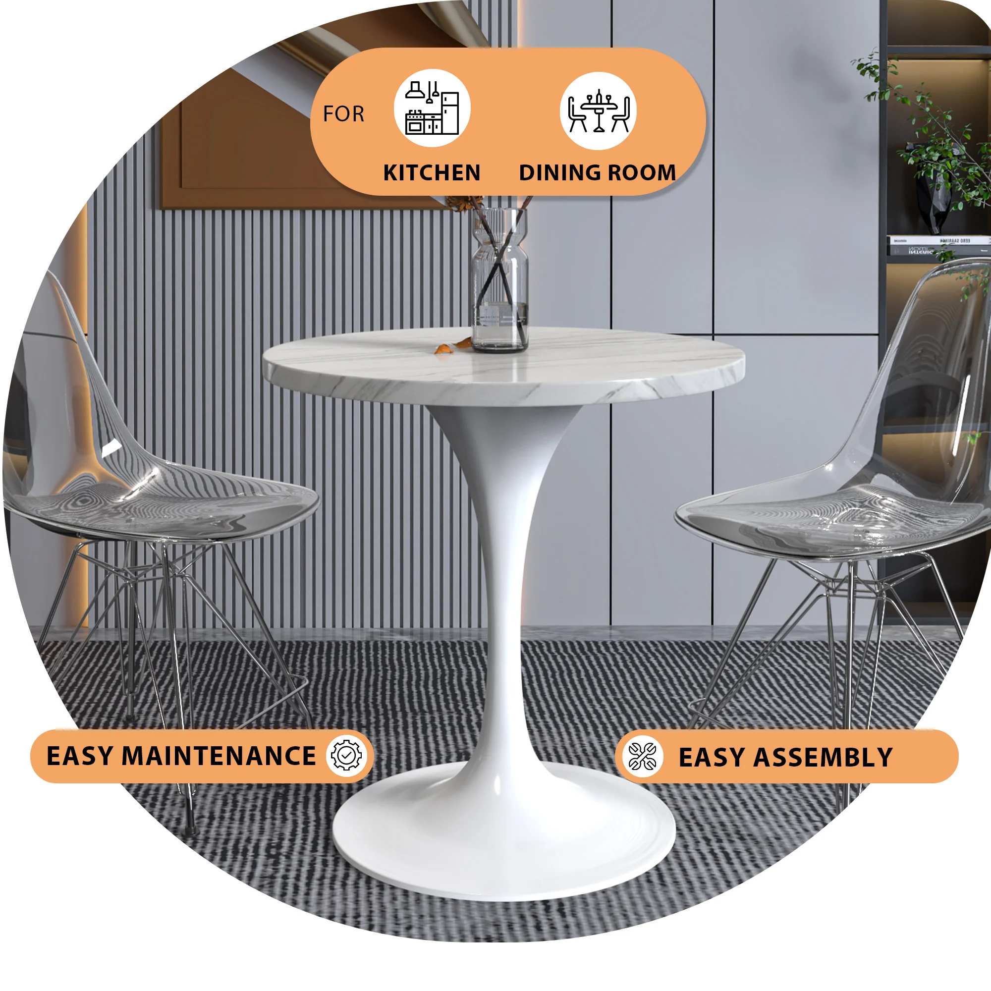 Verve Collection 27 Round Dining Table, White Base with Sintered Stone White Top