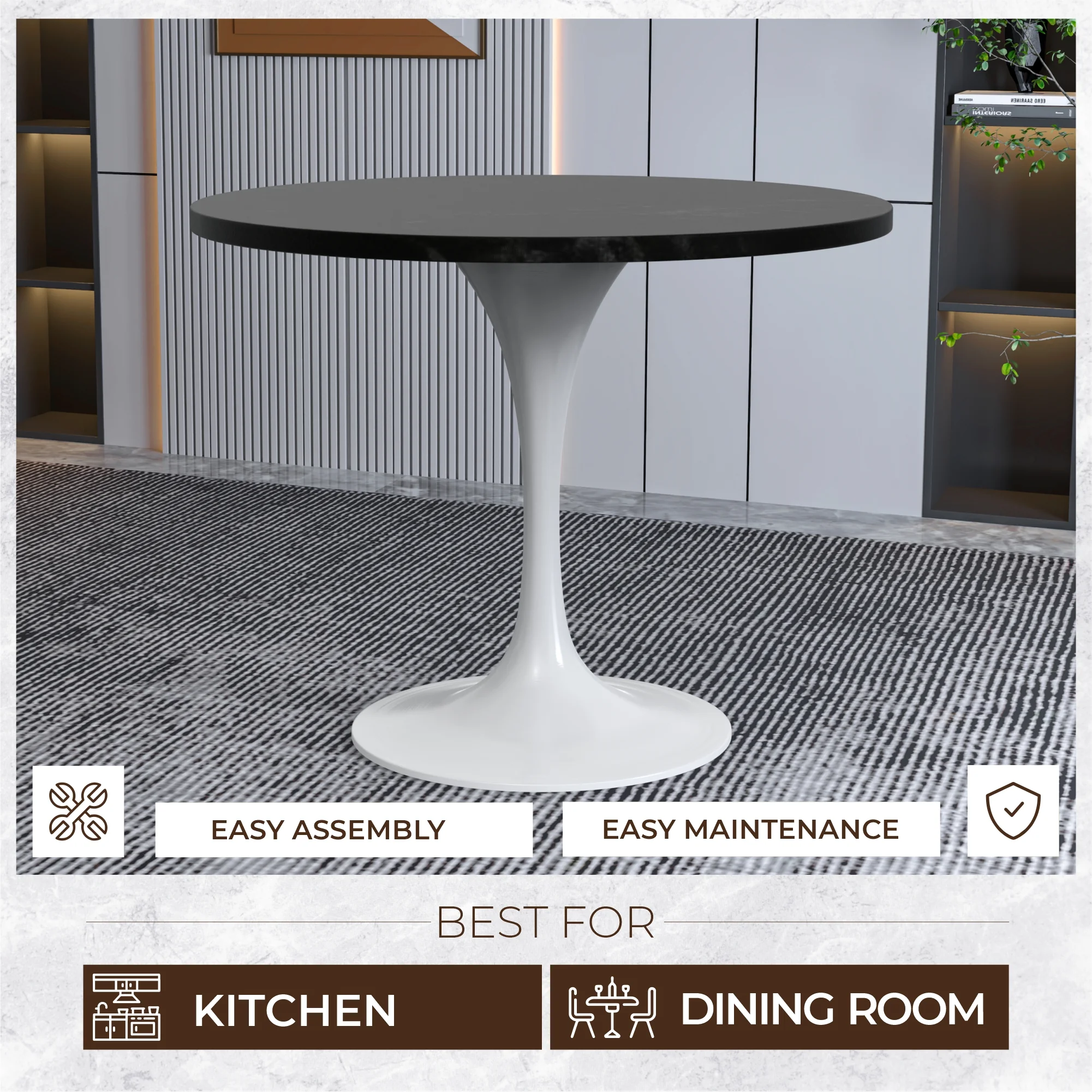 Verve Collection 36 Round Dining Table, White Base with Black MDF Top