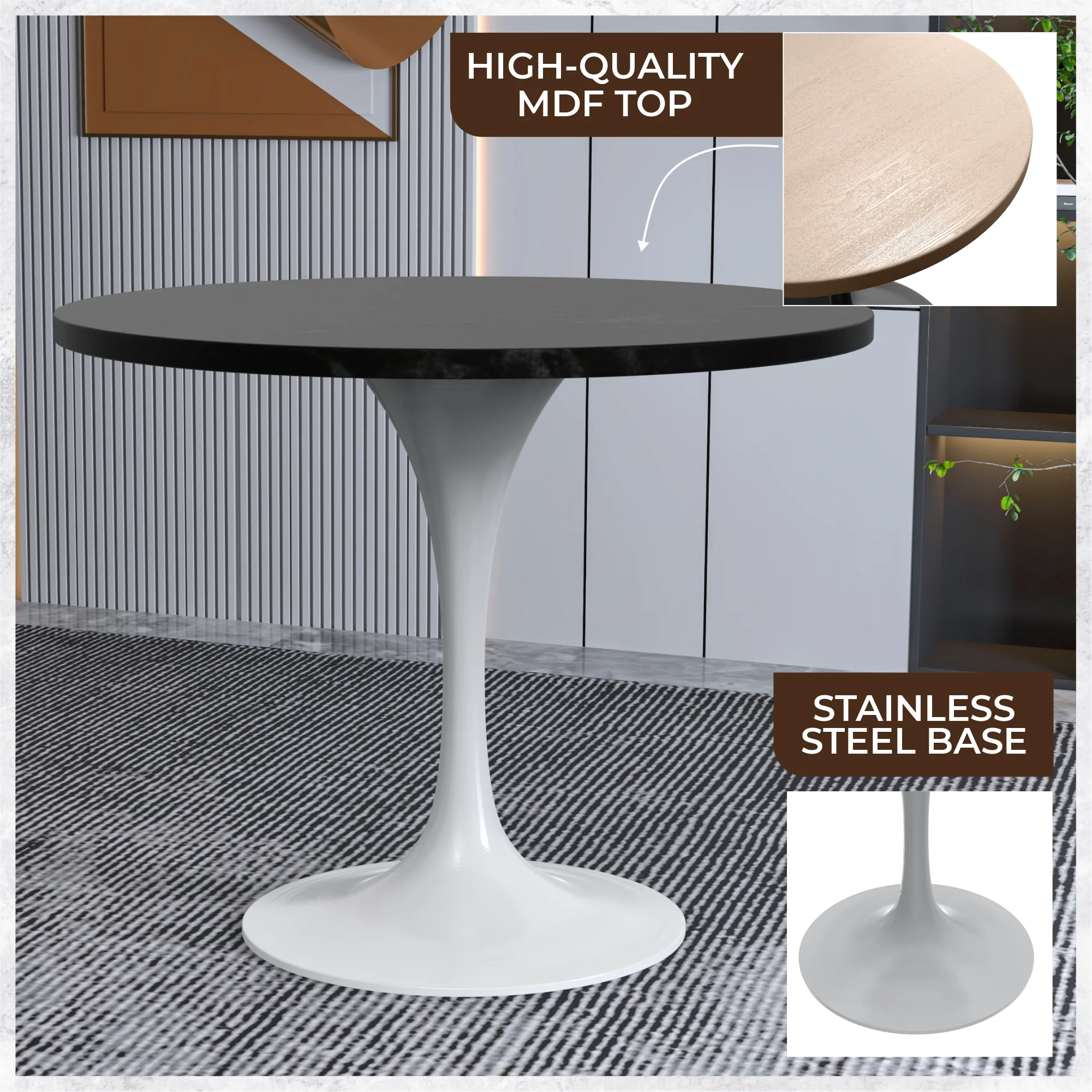 Verve Collection 36 Round Dining Table, White Base with Black MDF Top