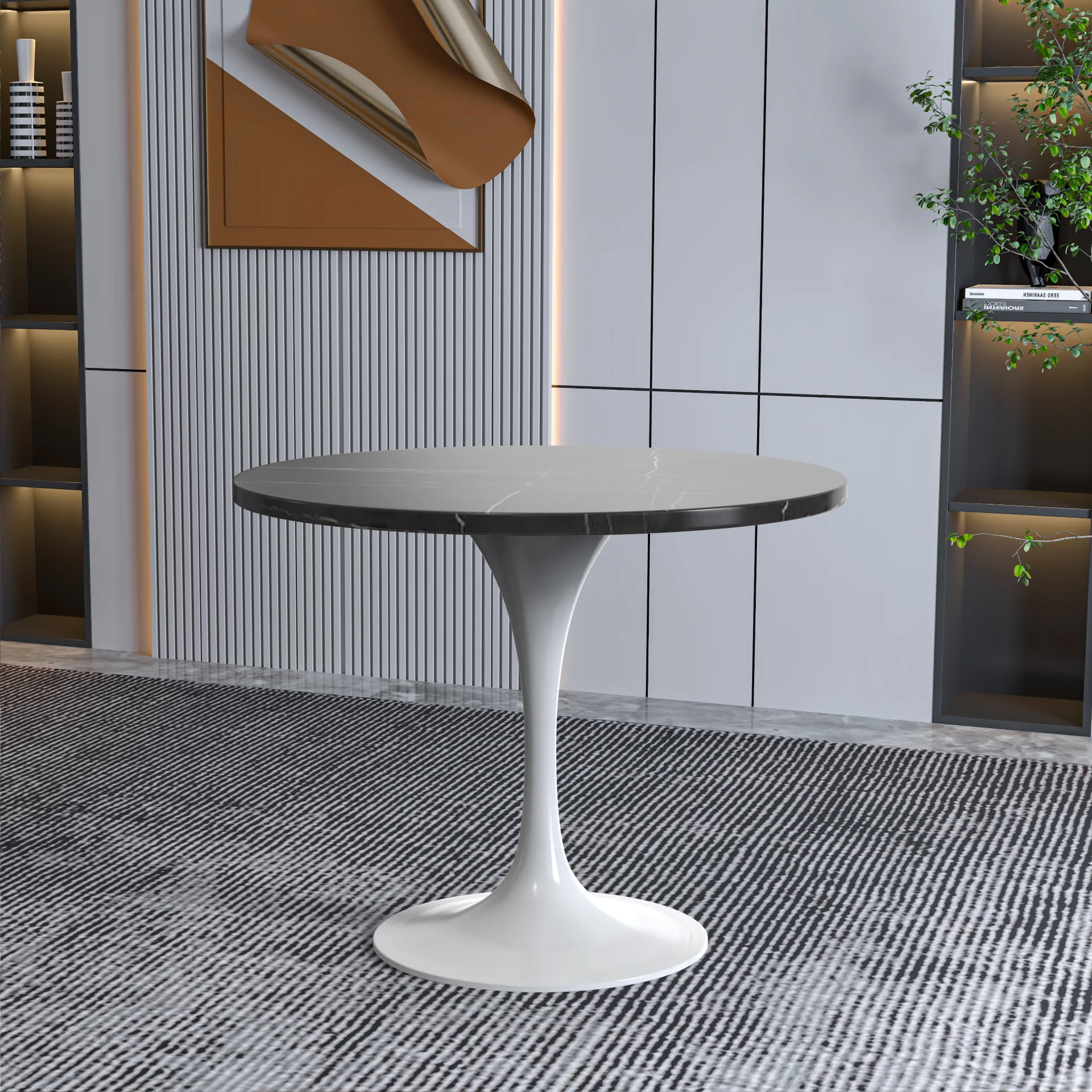 Verve Collection 36 Round Dining Table, White Base with Sintered Stone Black Top