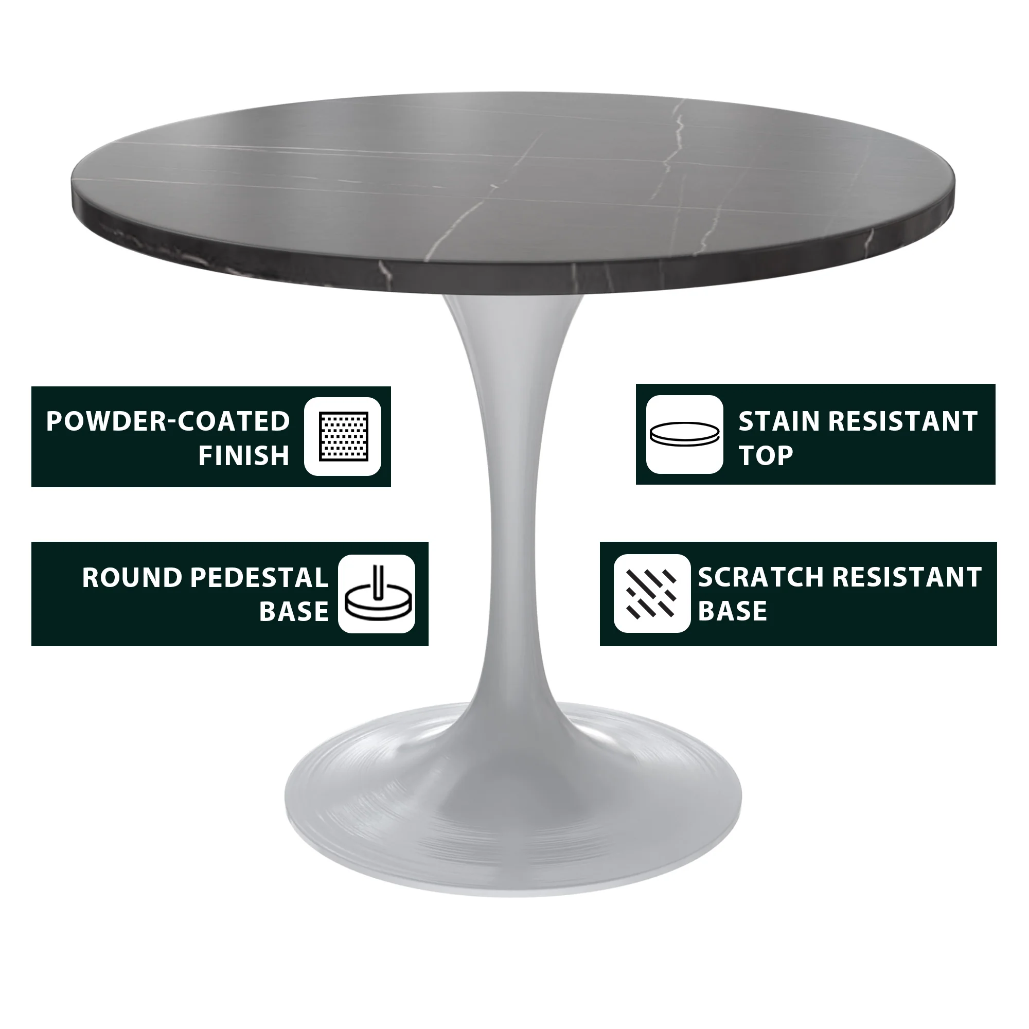 Verve Collection 36 Round Dining Table, White Base with Sintered Stone Black Top