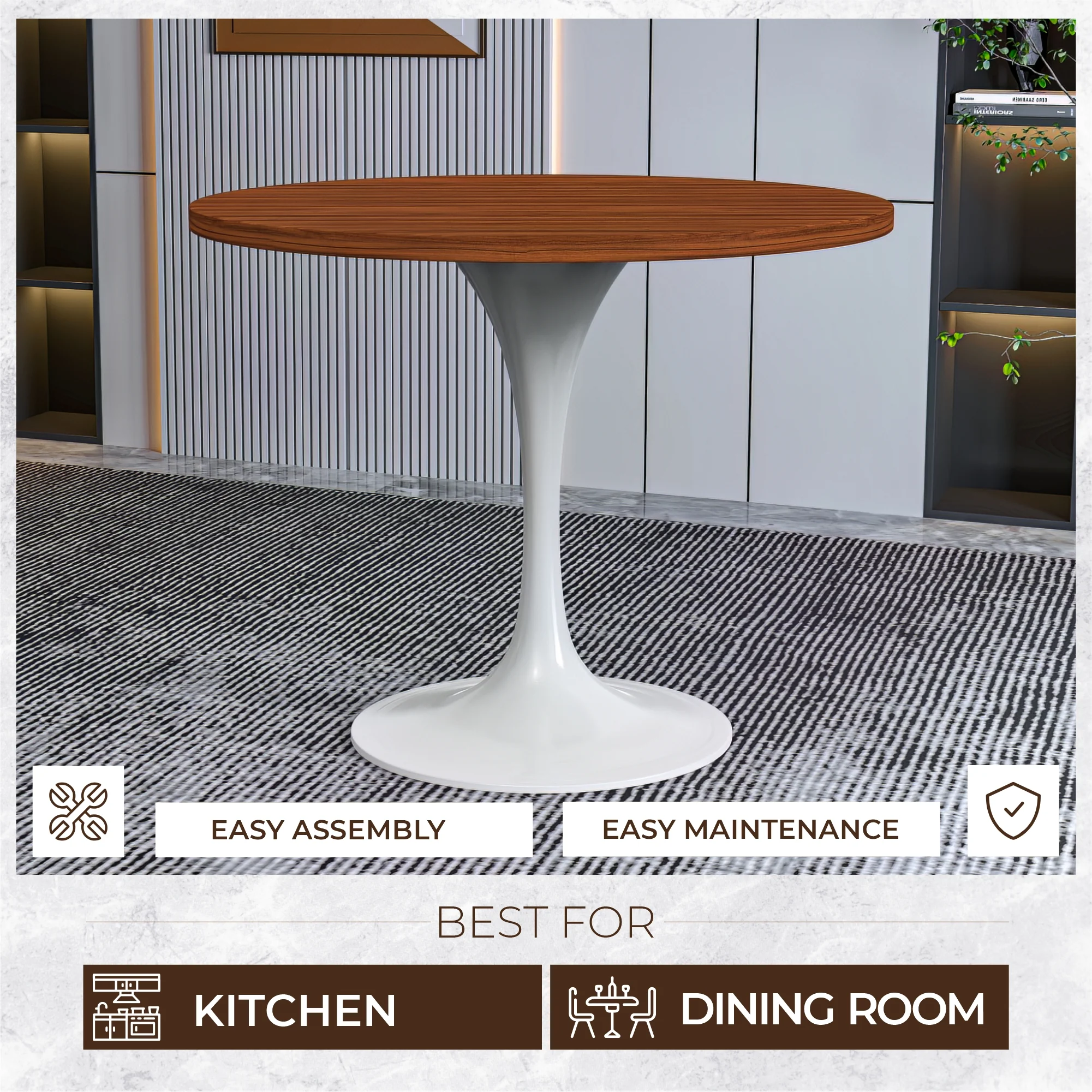 Verve Collection 36 Round Dining Table, White Base with Cognac Brown MDF Top
