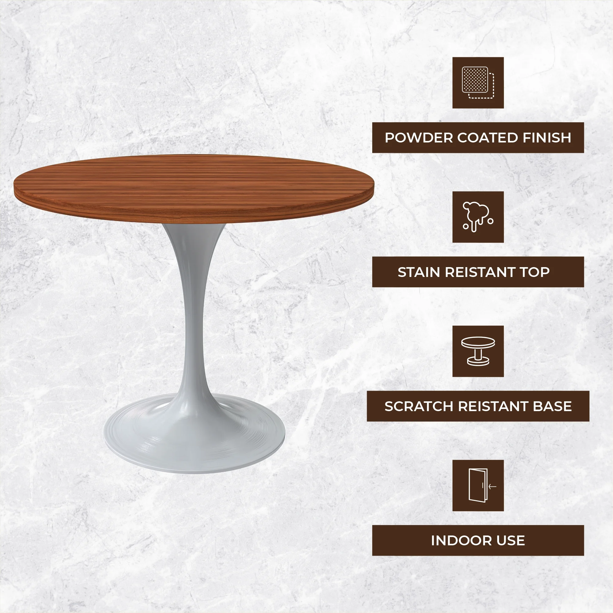 Verve Collection 36 Round Dining Table, White Base with Cognac Brown MDF Top