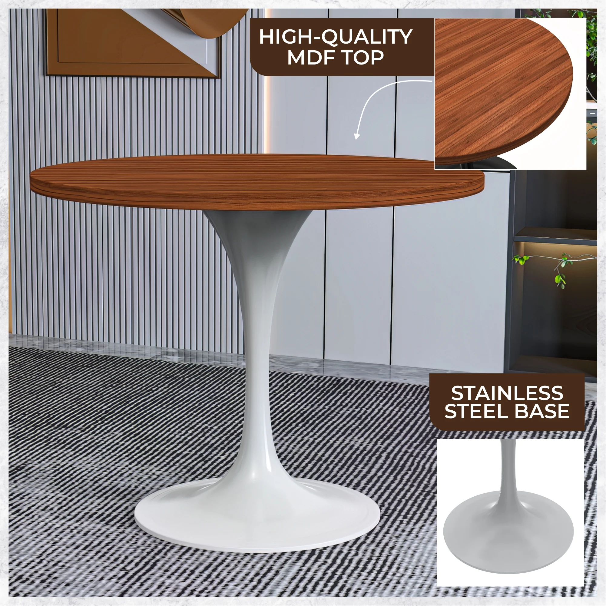 Verve Collection 36 Round Dining Table, White Base with Cognac Brown MDF Top