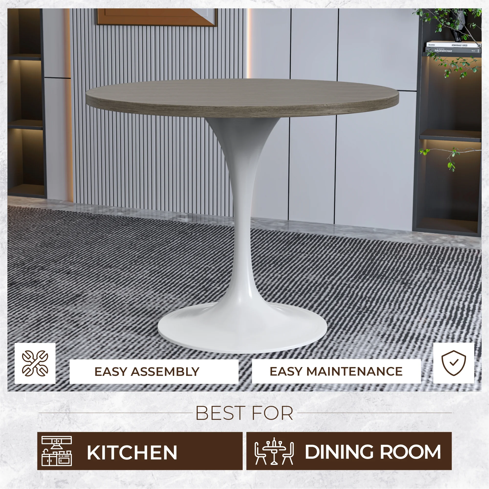 Verve Collection 36 Round Dining Table, White Base with Dark Maple MDF Top