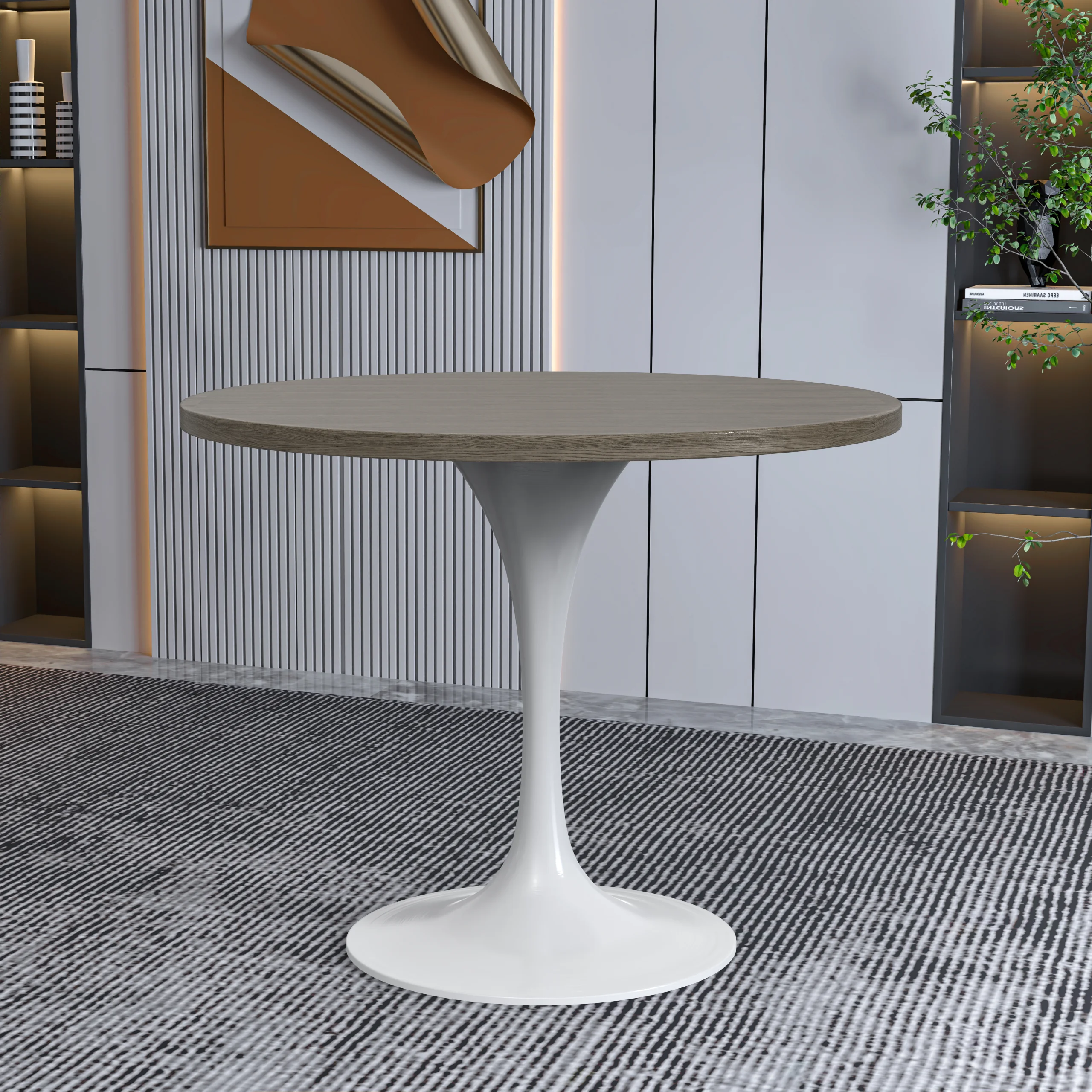 Verve Collection 36 Round Dining Table, White Base with Dark Maple MDF Top