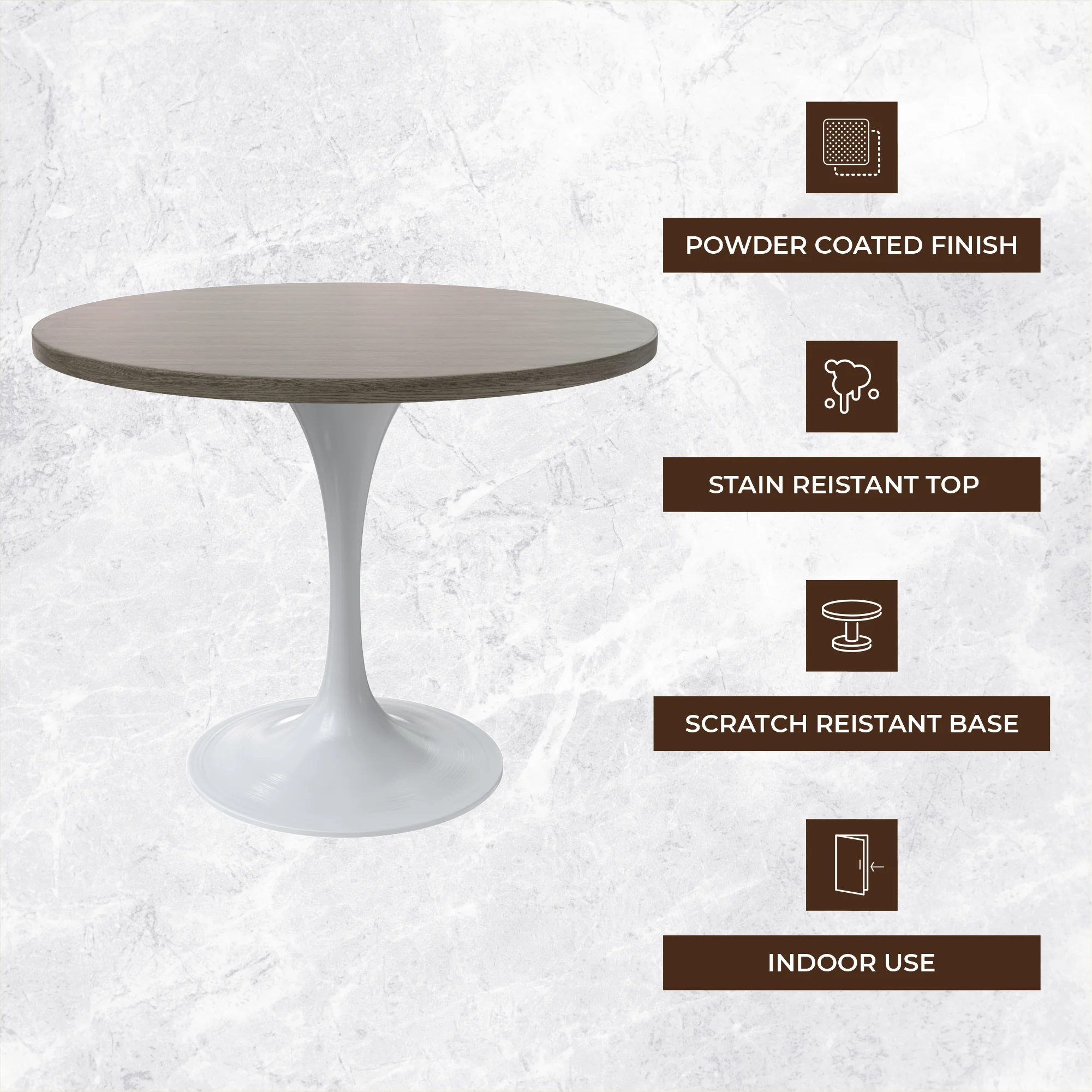 Verve Collection 36 Round Dining Table, White Base with Dark Maple MDF Top