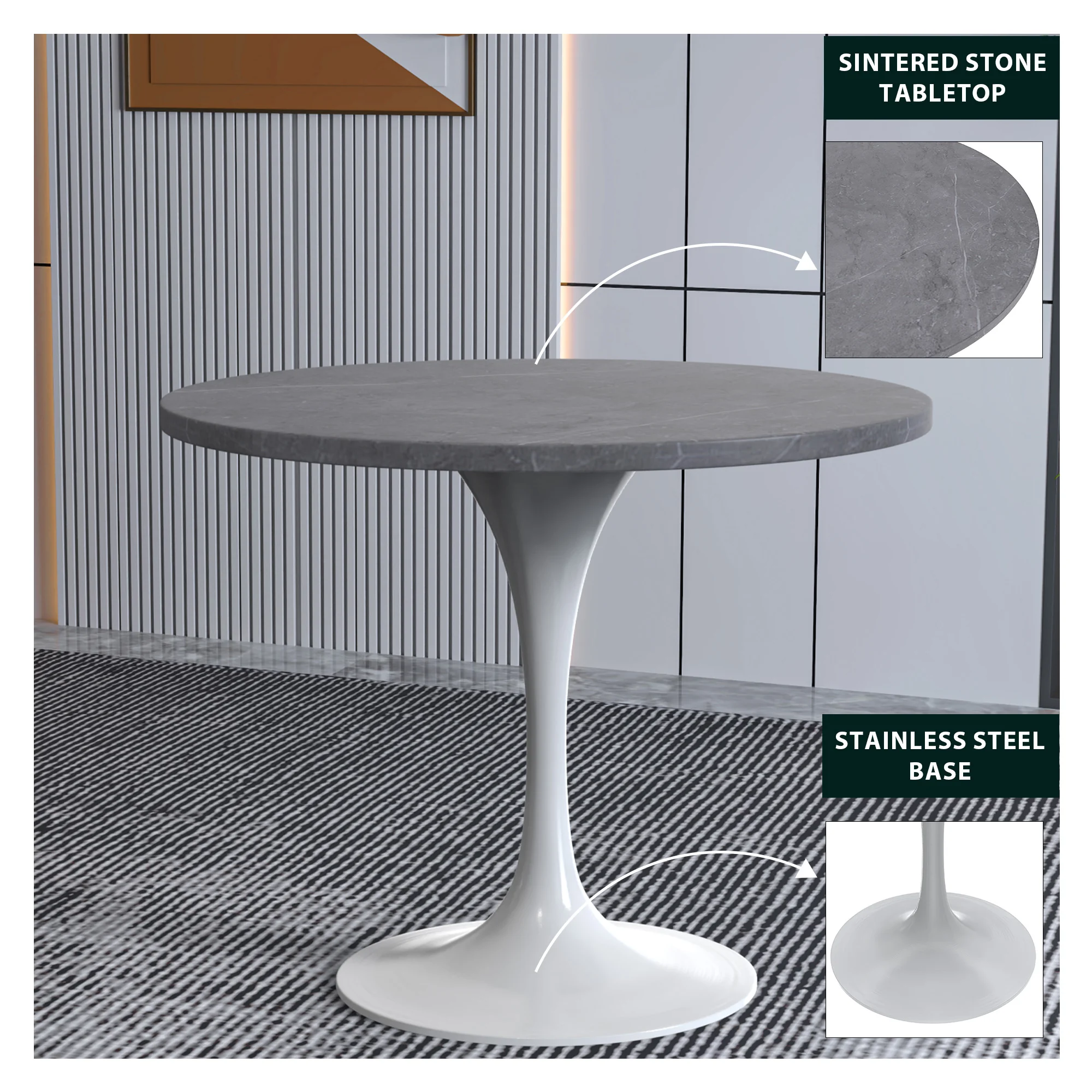 Verve Collection 36 Round Dining Table, White Base with Sintered Stone Grey Top