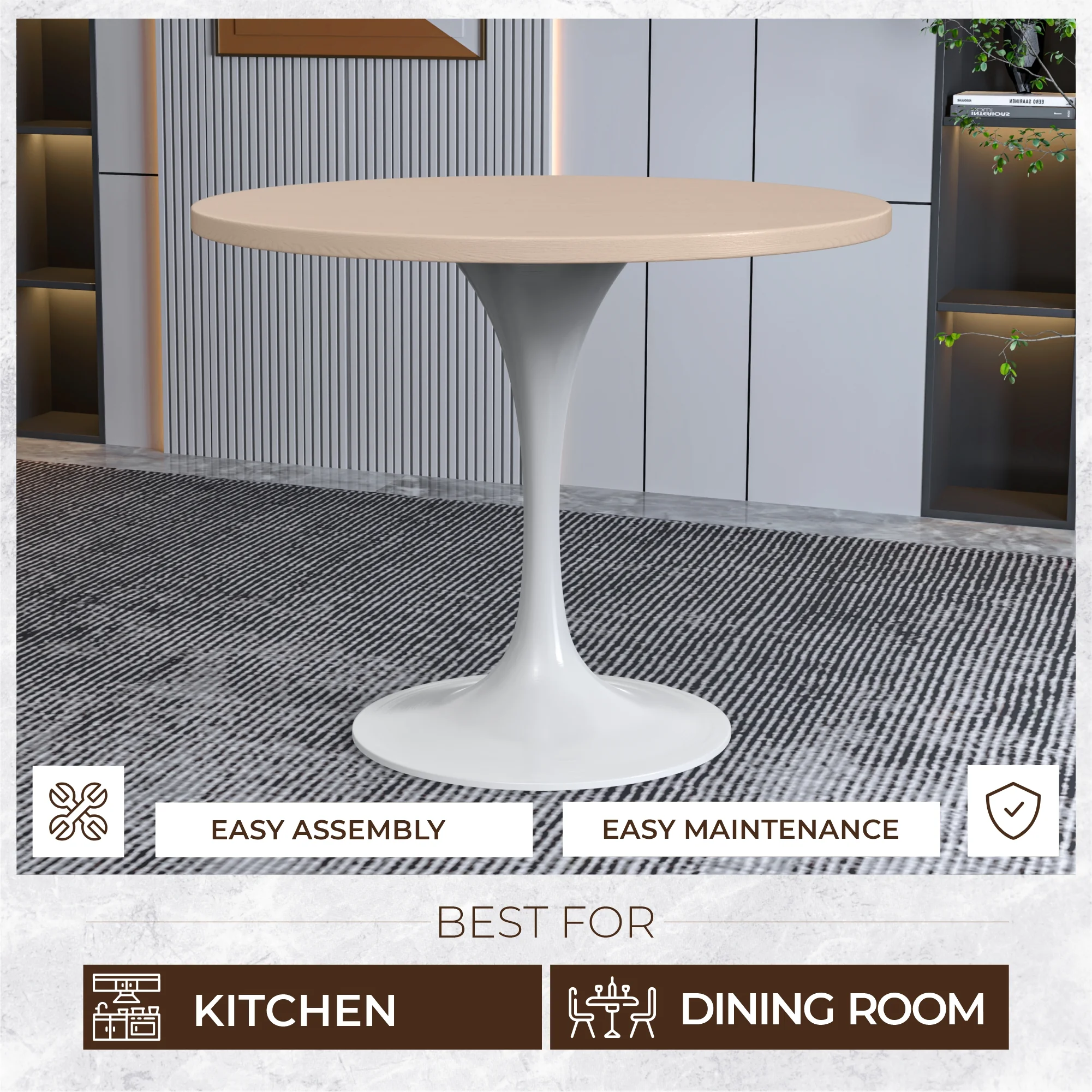 Verve Collection 36 Round Dining Table, White Base with Light Natural Wood MDF Top