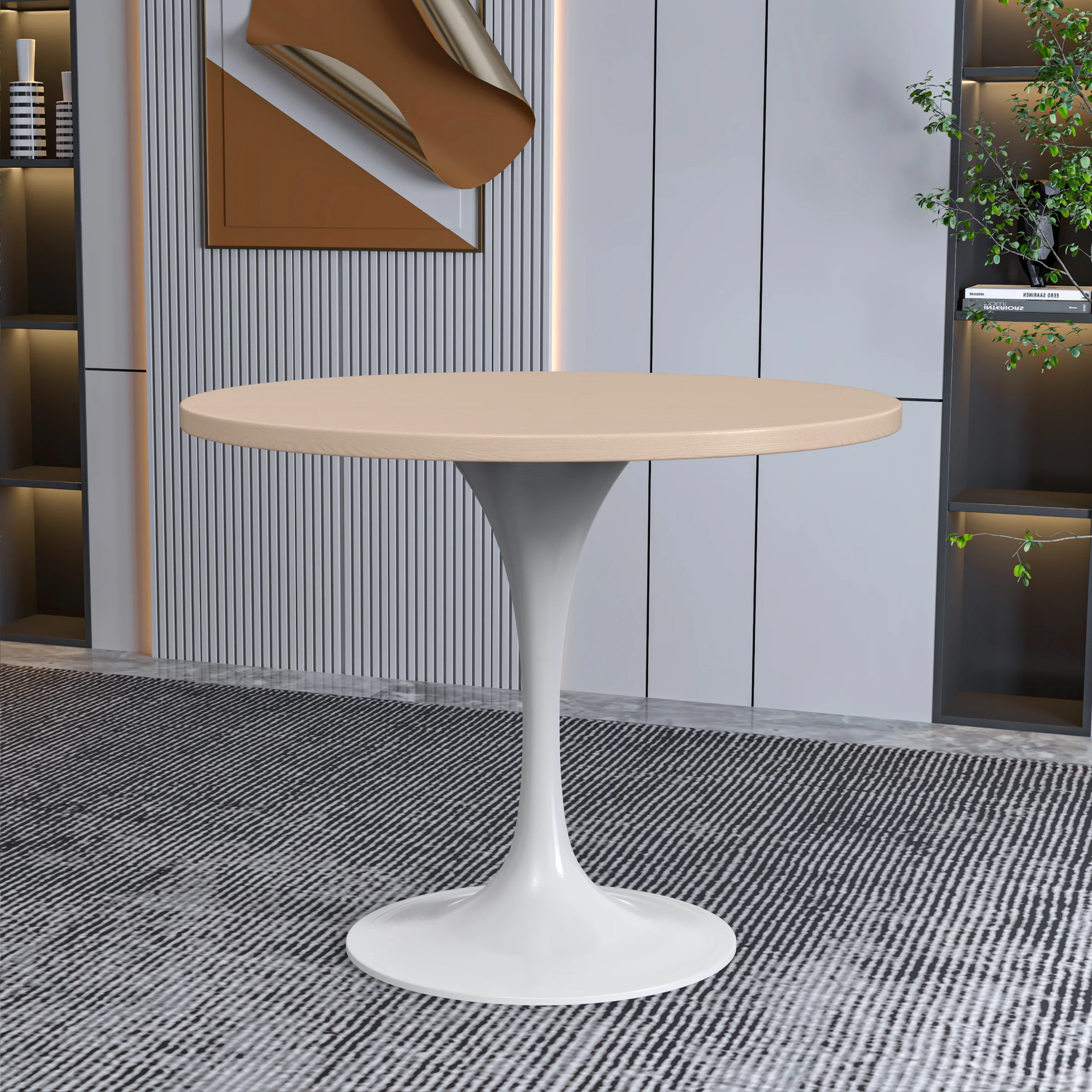 Verve Collection 36 Round Dining Table, White Base with Light Natural Wood MDF Top