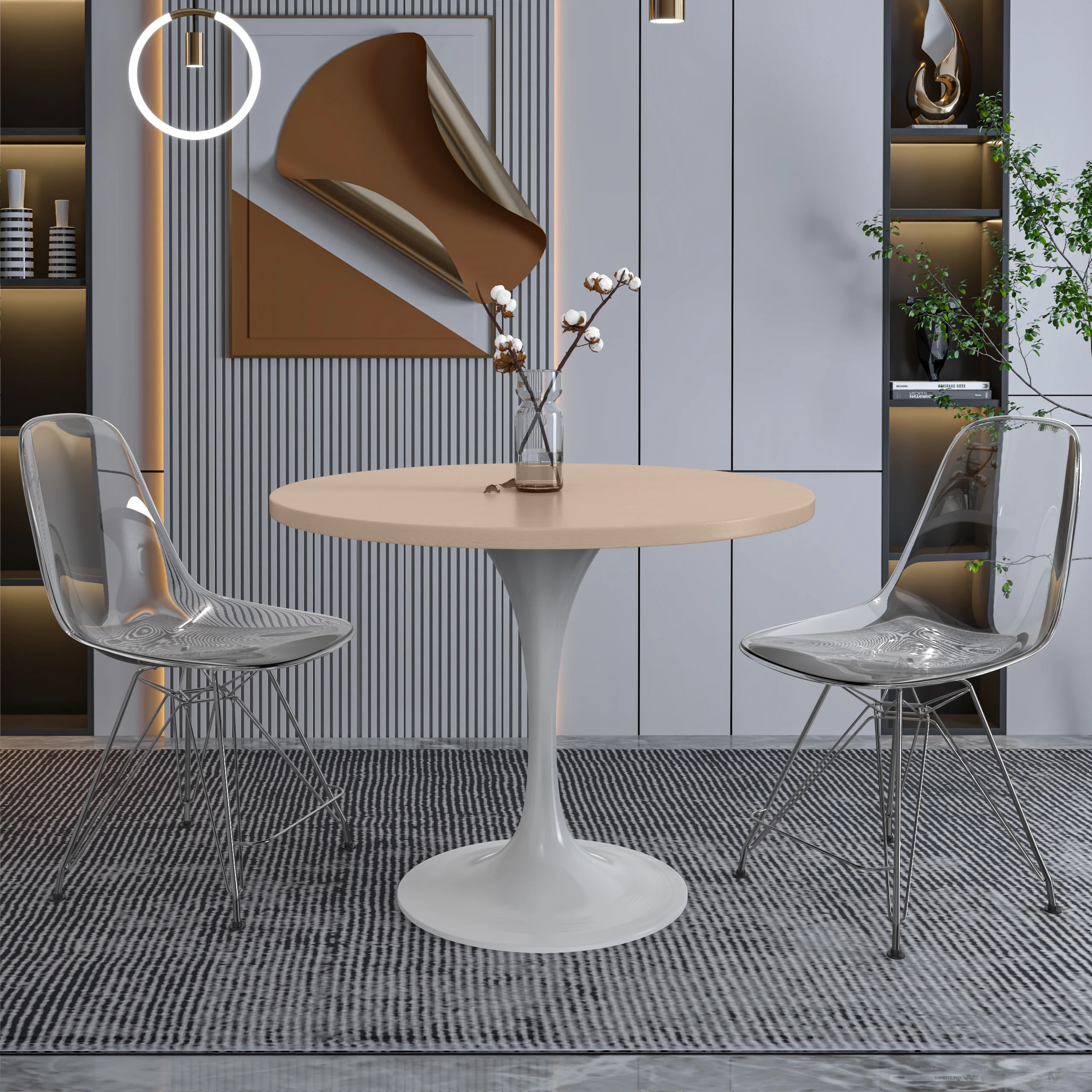 Verve Collection 36 Round Dining Table, White Base with Light Natural Wood MDF Top