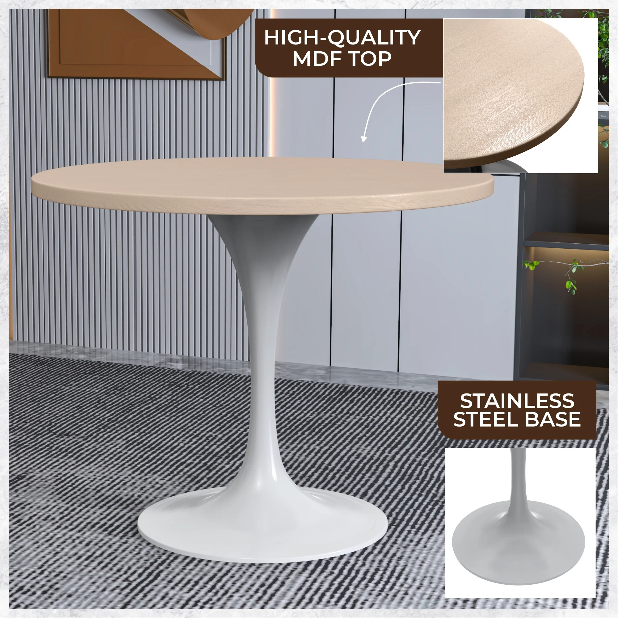 Verve Collection 36 Round Dining Table, White Base with Light Natural Wood MDF Top