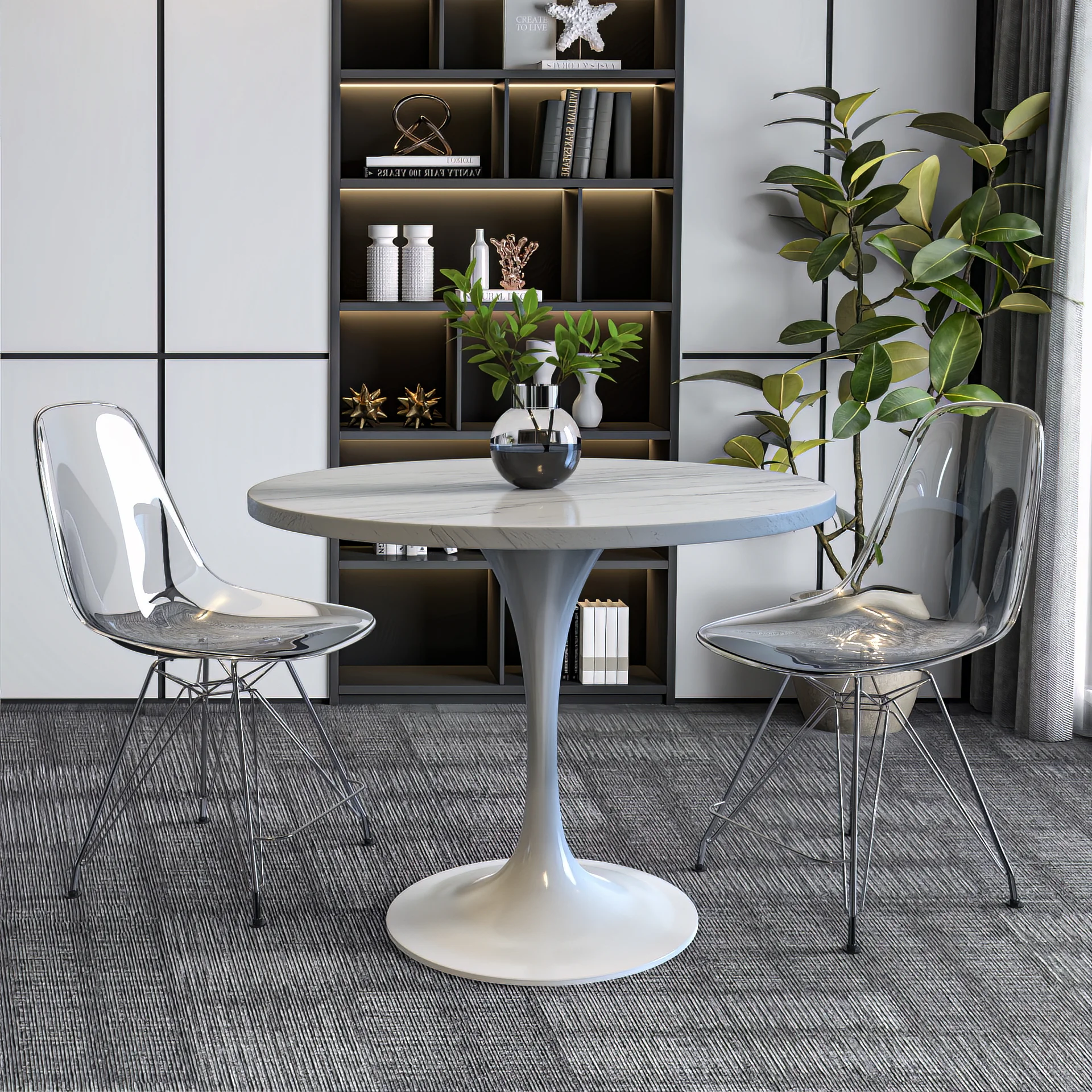 Verve Collection 36 Round Dining Table, White Base with Laminated White Marbleized Top