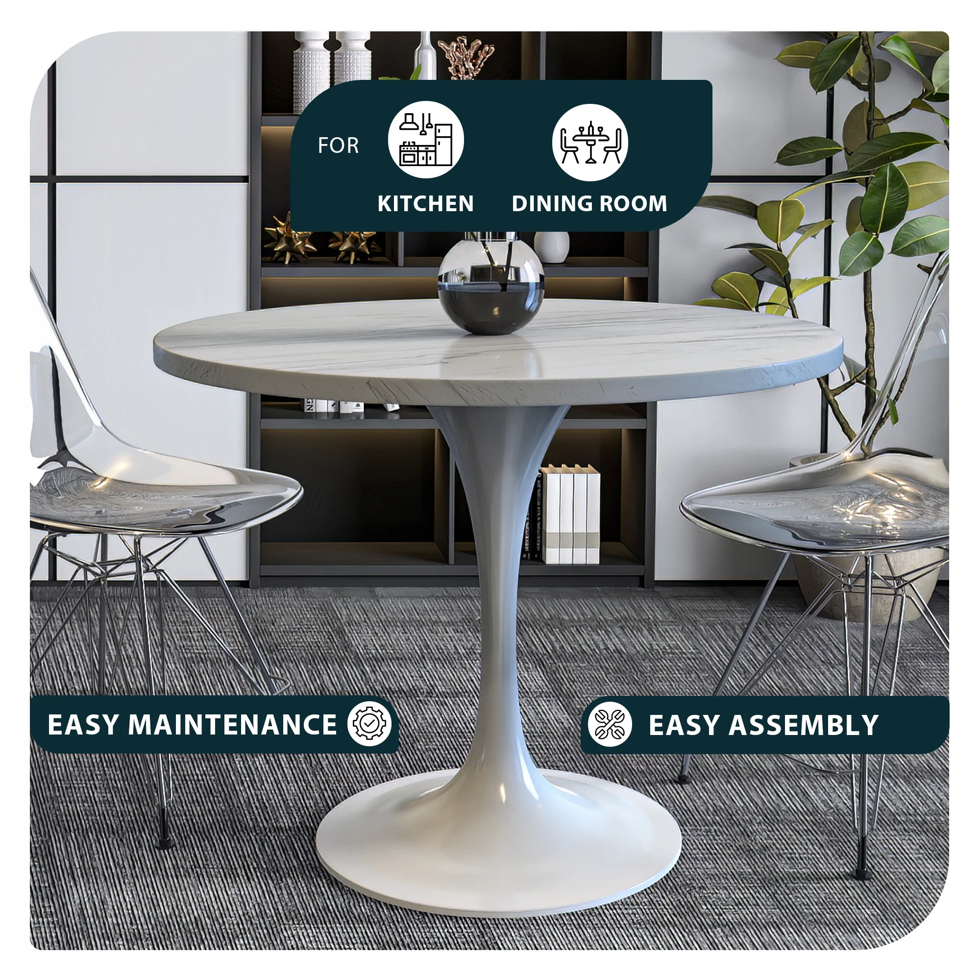 Verve Collection 36 Round Dining Table, White Base with Laminated White Marbleized Top