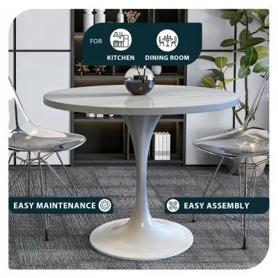 Verve Collection 36 Round Dining Table, White Base with Laminated White Marbleized Top