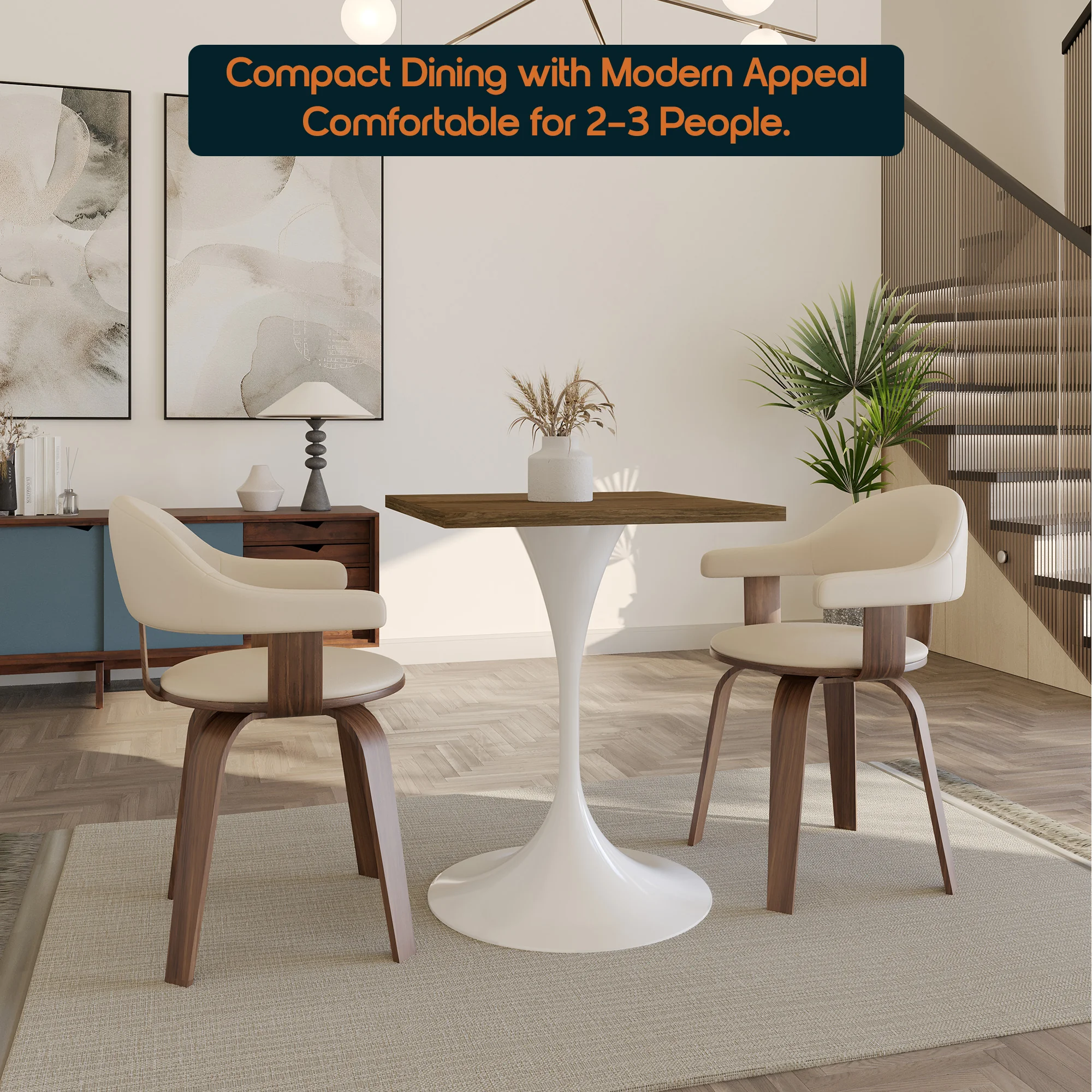 Verve Collection 24 Square Dining Table, White Base with Dark Maple MDF Top