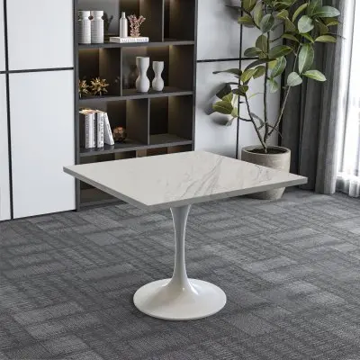 Verve Collection 36 Square Dining Table, White Base with Laminated White Marbleized Top