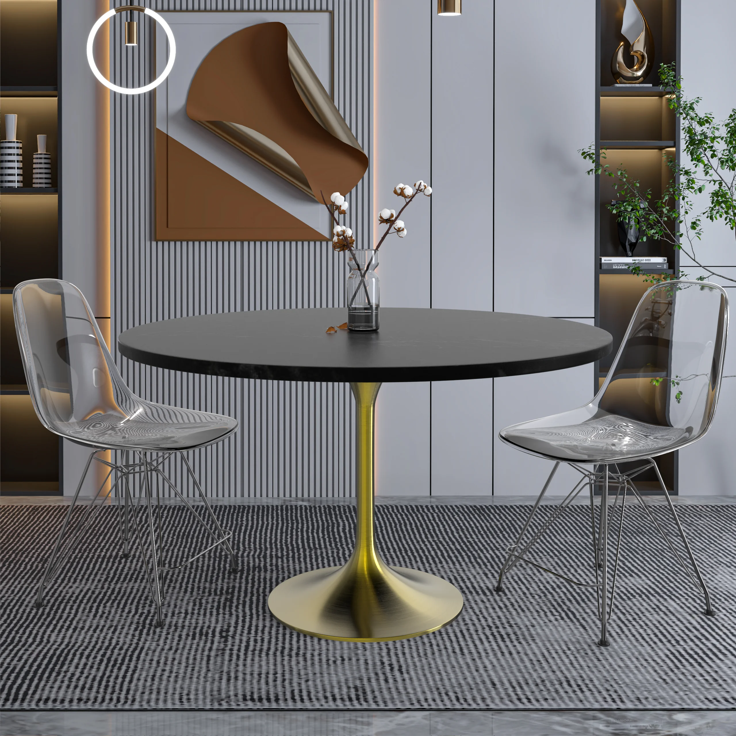 Verve Collection 48" Round Dining Table, Brushed Gold Base with Black MDF Top