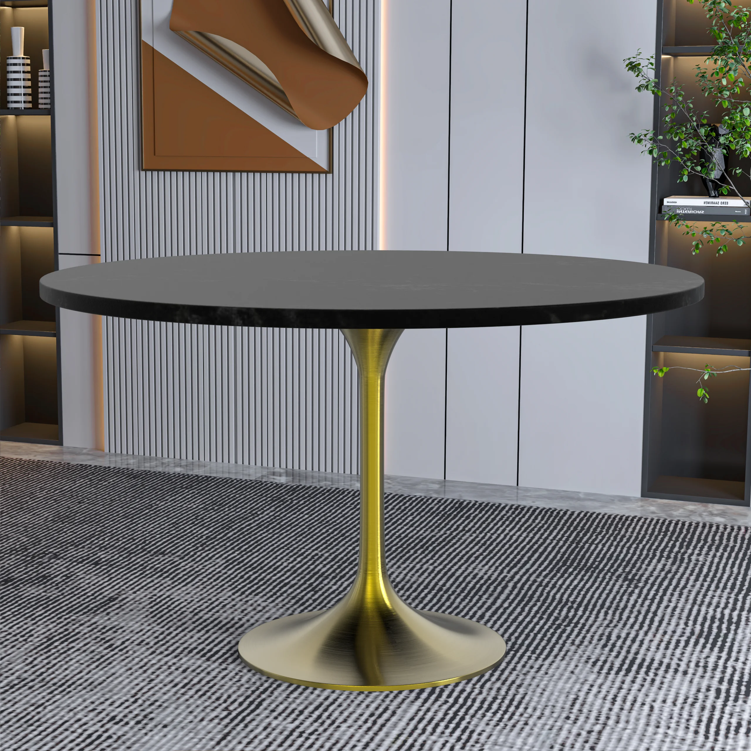 Verve Collection 48" Round Dining Table, Brushed Gold Base with Black MDF Top