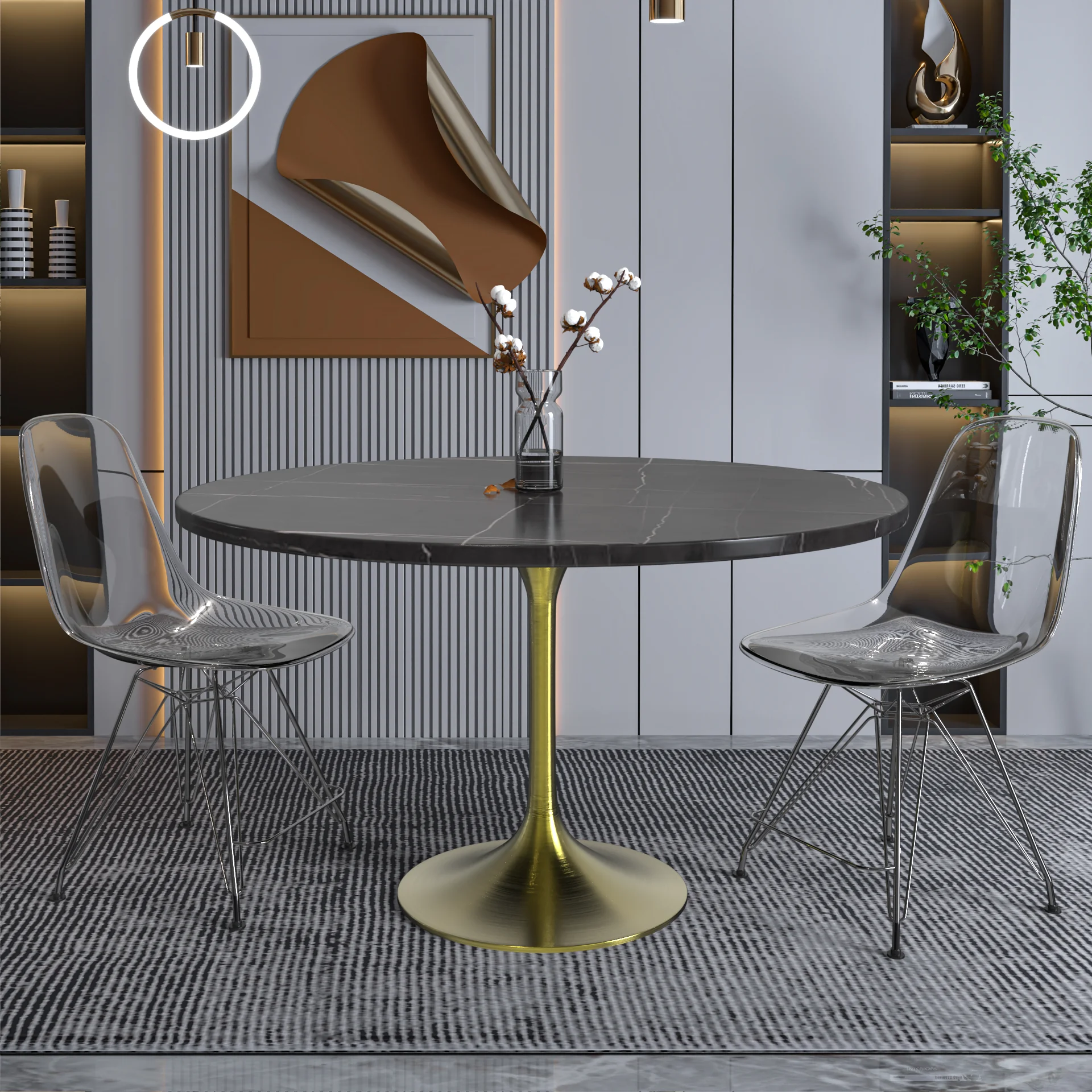 Verve Collection 48 Round Dining Table, Brushed Gold Base with Sintered Stone Black Top