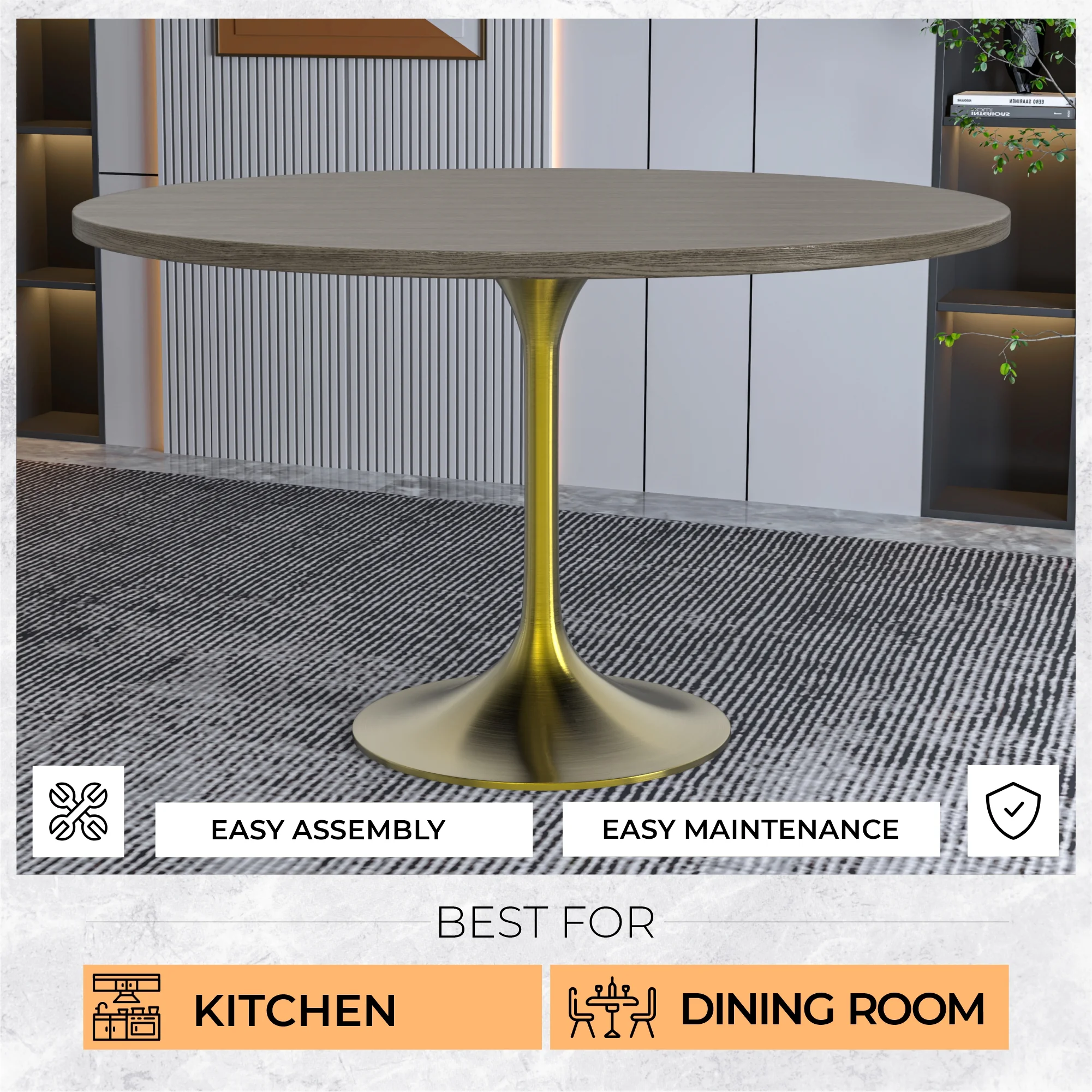 Verve Collection 48" Round Dining Table, Brushed Gold Base with Dark Maple MDF Top