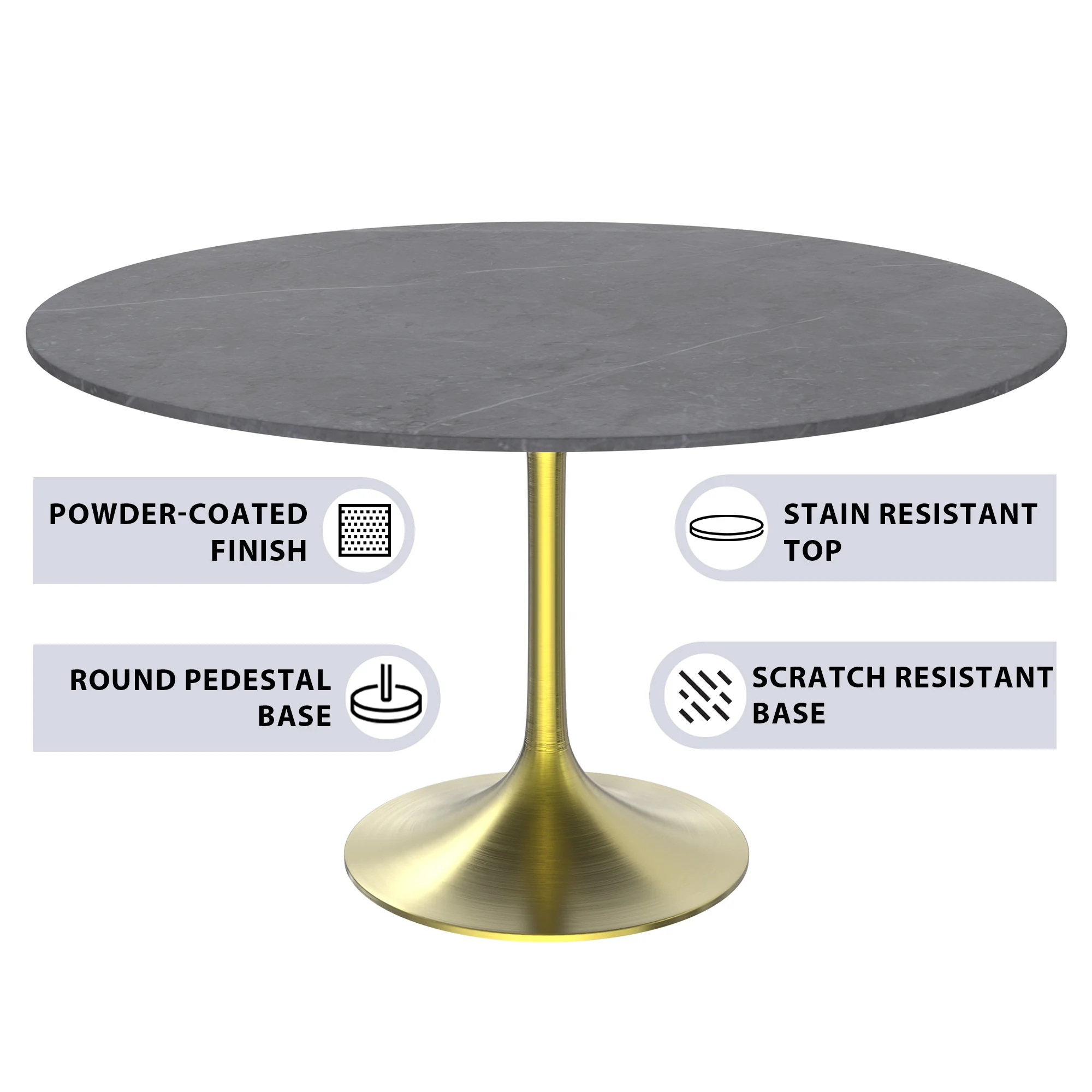 Verve Collection 48 Round Dining Table, Brushed Gold Base with Sintered Stone Grey Top