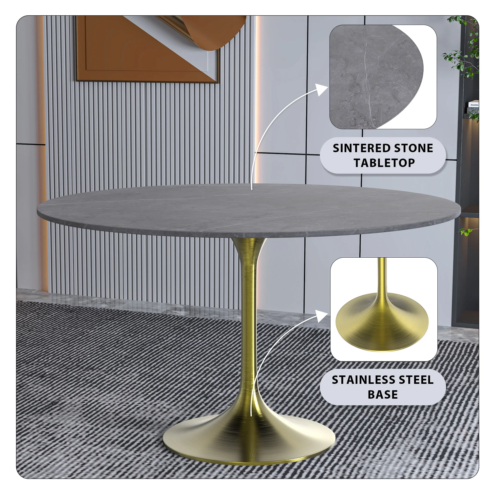 Verve Collection 48 Round Dining Table, Brushed Gold Base with Sintered Stone Grey Top
