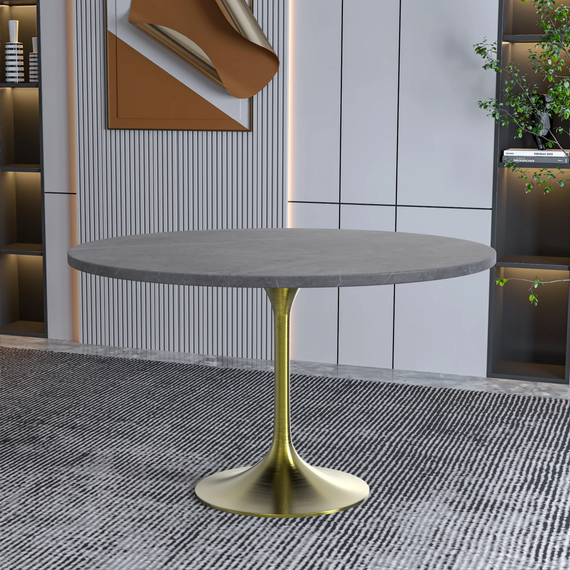 Verve Collection 48 Round Dining Table, Brushed Gold Base with Sintered Stone Grey Top