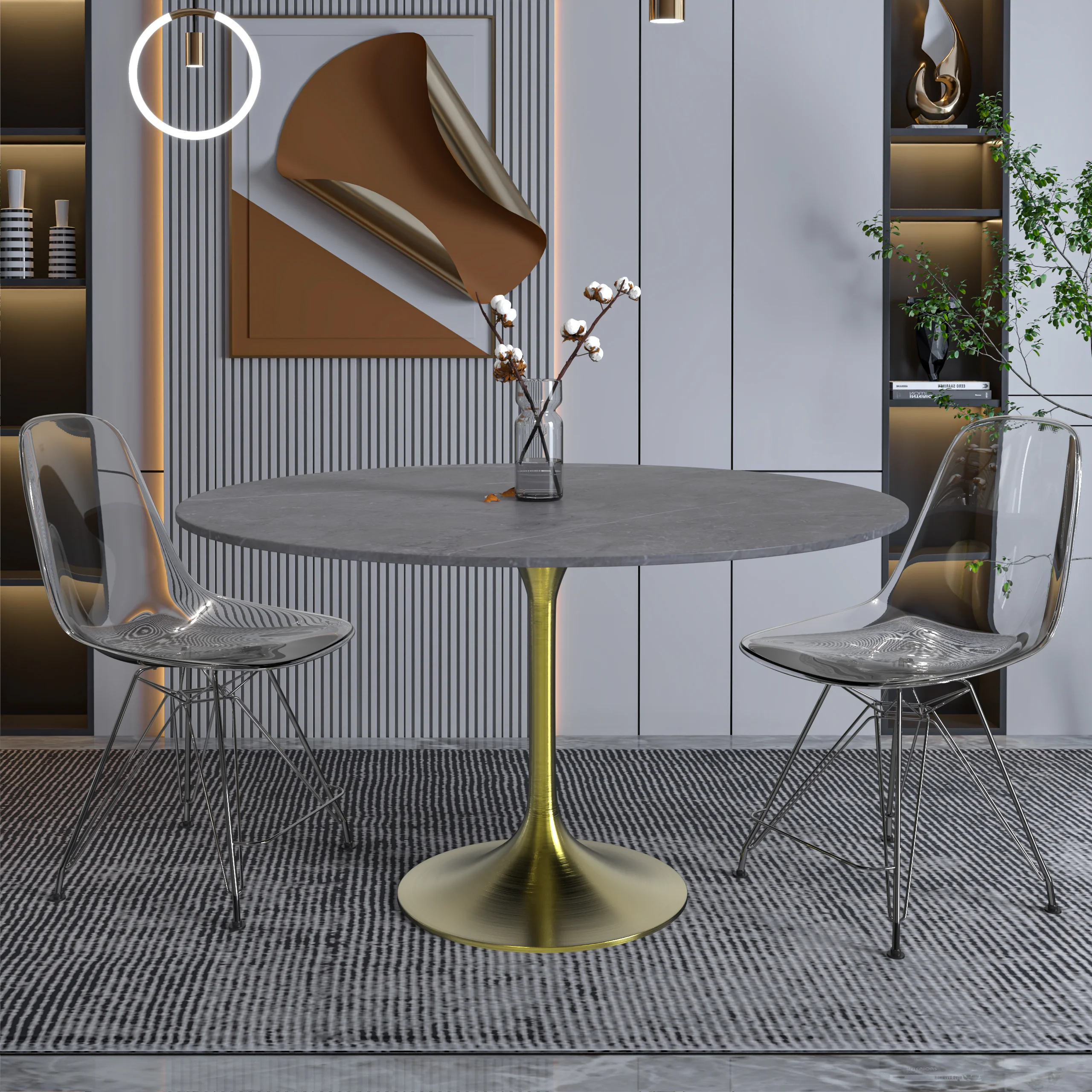 Verve Collection 48 Round Dining Table, Brushed Gold Base with Sintered Stone Grey Top
