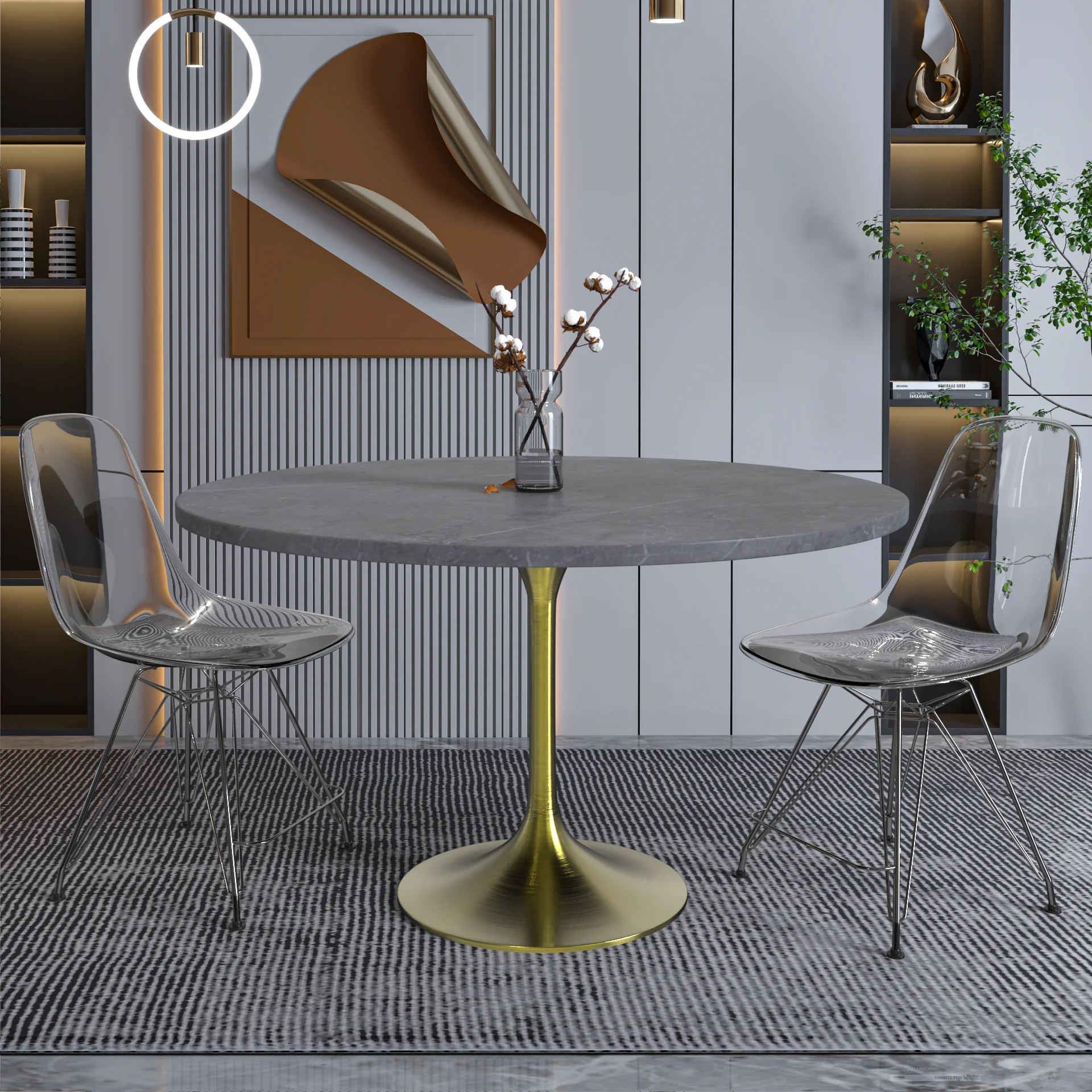 Verve Collection 48 Round Dining Table, Brushed Gold Base with Sintered Stone Grey Top