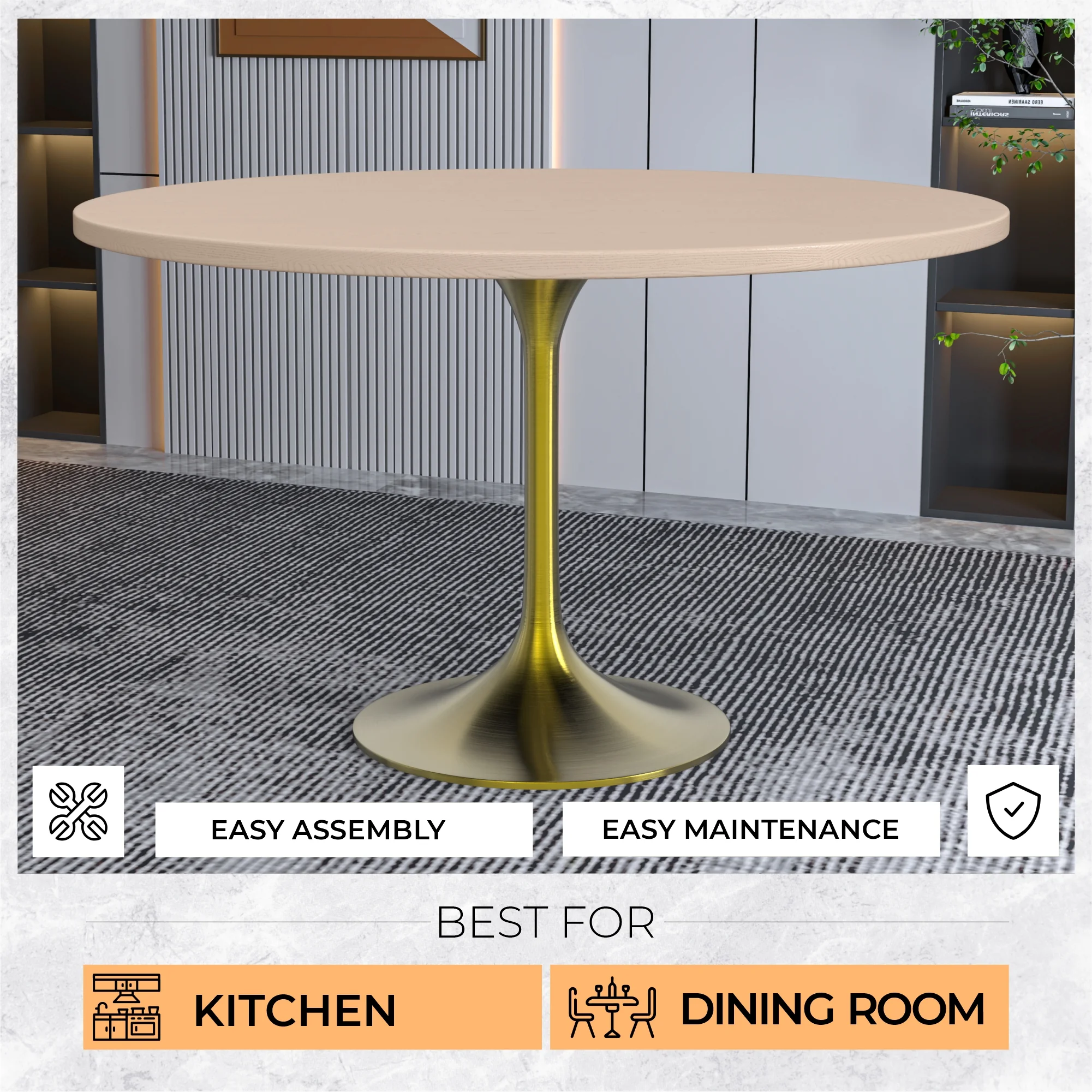 Verve Collection 48" Round Dining Table, Brushed Gold Base with Light Natural Wood MDF Top