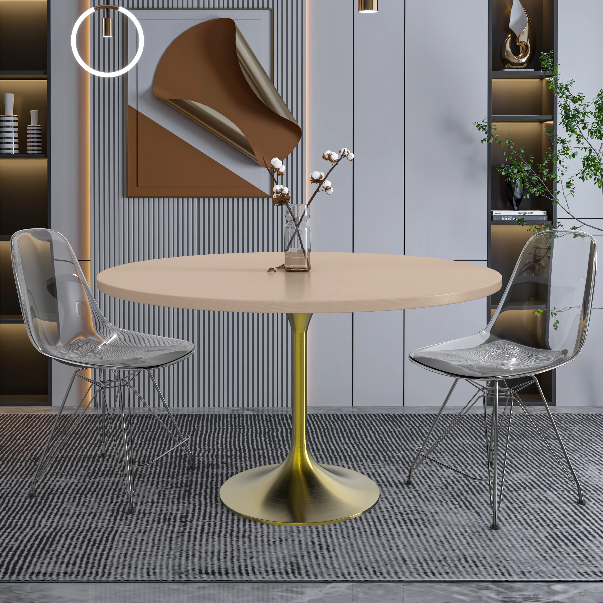 Verve Collection 48" Round Dining Table, Brushed Gold Base with Light Natural Wood MDF Top